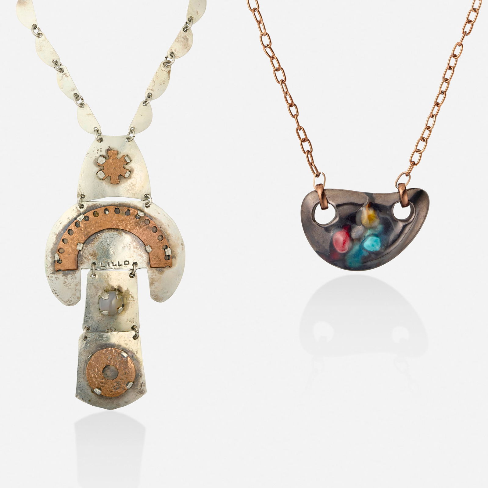 Two necklaces: Two necklaces One necklace of Brutalist design by William De Lillo; the other of abstract design Base metal Signed Lillo to one necklace De Lillo necklace 16.50 in, abstract necklace 24.50 in; Gross