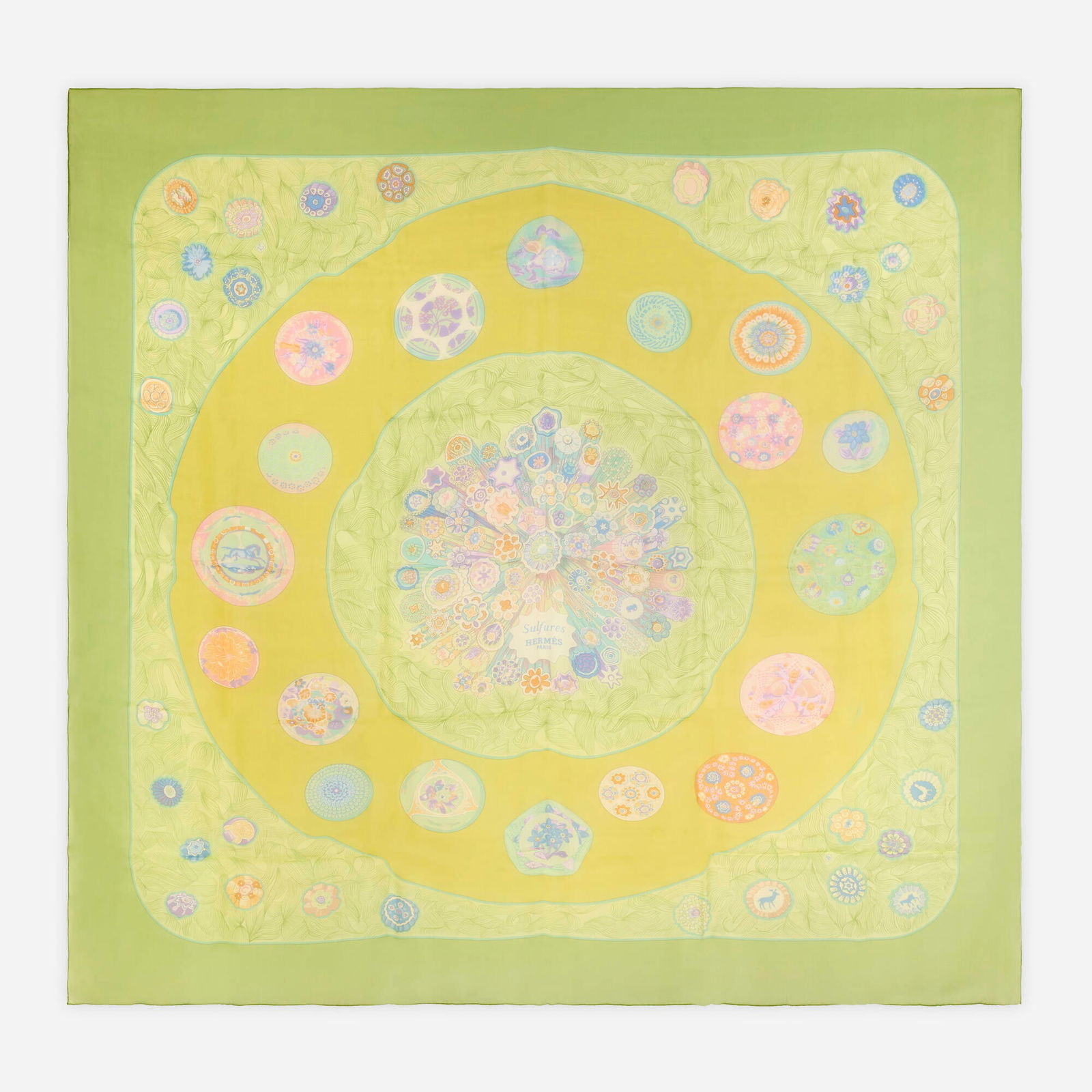 Hermes, 'Sulfures' scarf: Hermes 'Sulfures' scarf Mousseline silk 54 x 51 in Sold with signed box This work will ship from Lambertville, New Jersey.