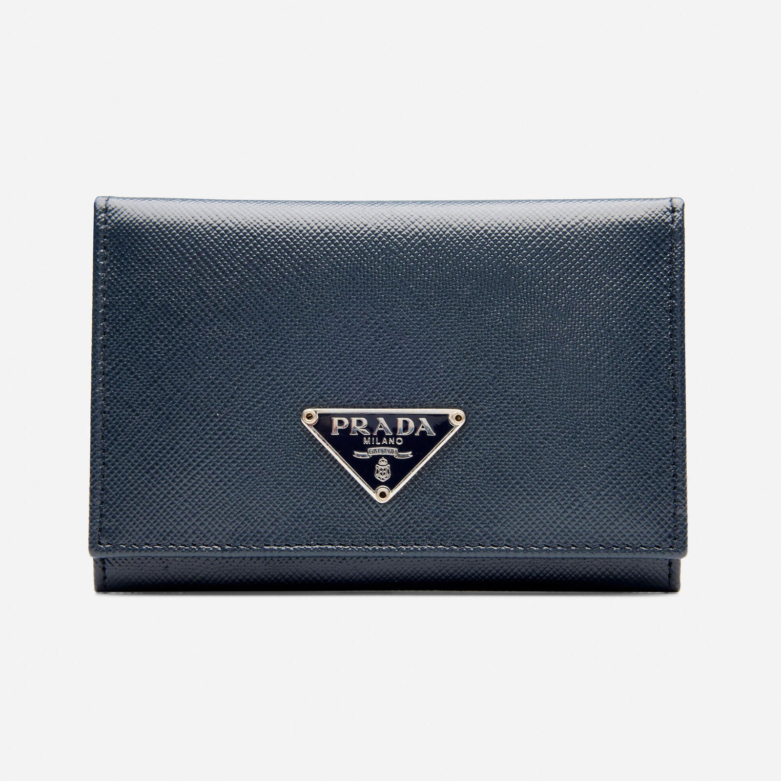 Prada, Wallet: Prada Wallet Navy Saffiano leather, model M504A Leather, metal Signed Prada 4.25 x 0.75 x 3 in Sold with signed box and authenticity card This work will ship from Lambertv