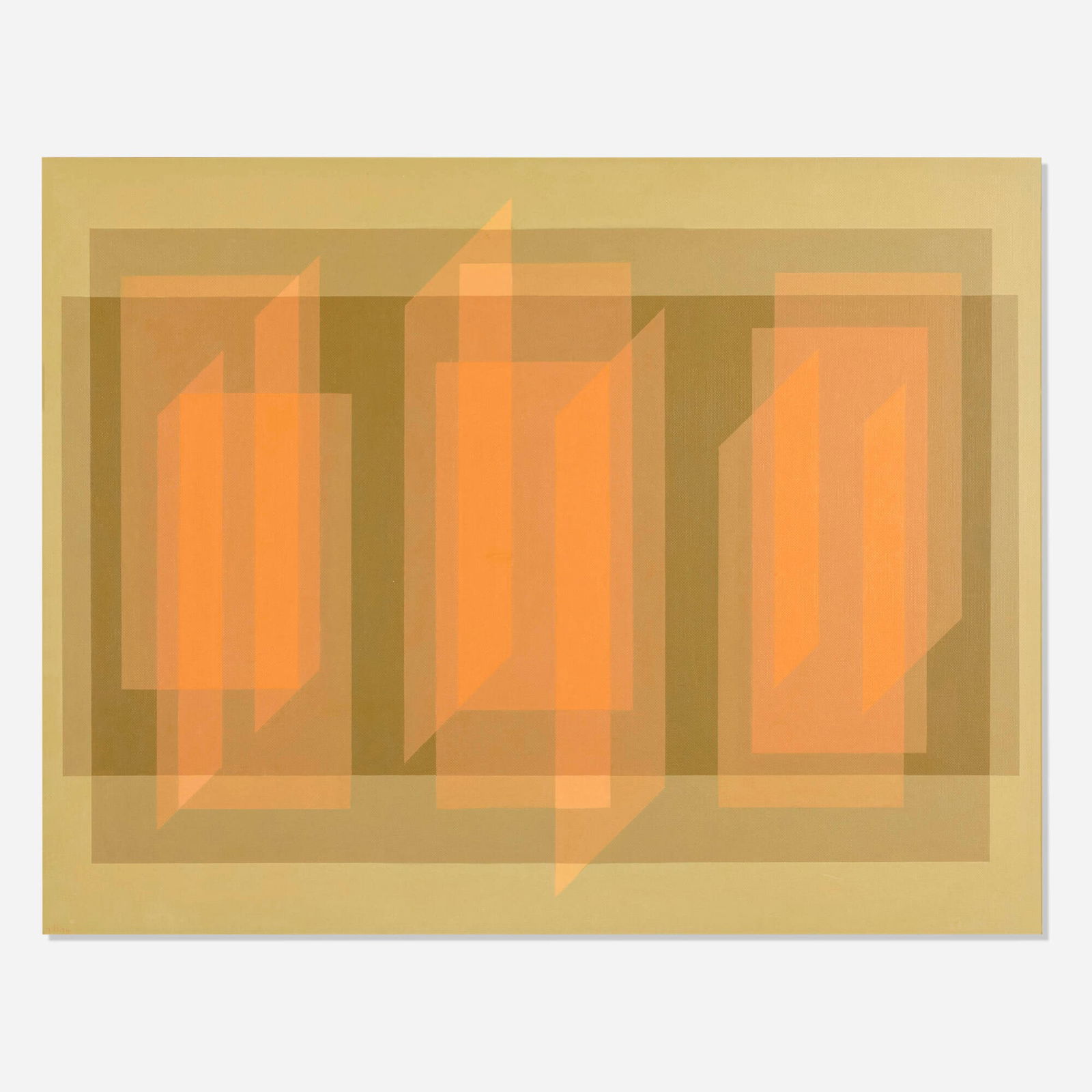 Hannes Beckmann, Shadow Over Orange: Hannes Beckmann Shadow Over Orange 1974 acrylic on Masonite 36 h x 46 w in (91 x 117 cm) Signed and dated to lower left 'h.b. 74'. Signed, titled and dated to verso 'Shadow Over Orange 1974 Hannes