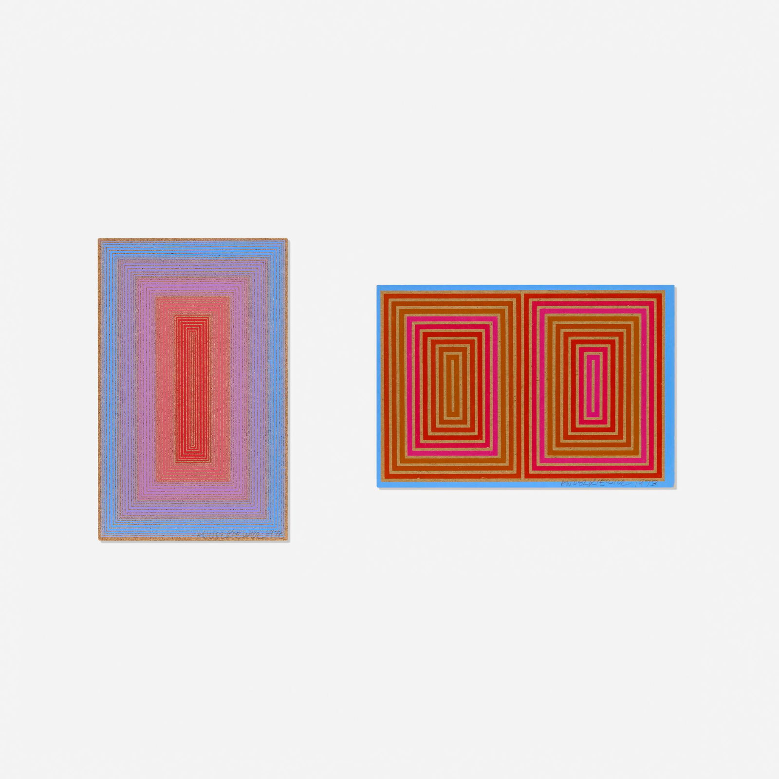 Richard Anuszkiewicz, Untitled (Annual Edition) (two works): Richard Anuszkiewicz Untitled (Annual Edition) (two works) 1970, 1973 screenprint on Masonite; screenprint on card 8.25 h x 5.25 w in (21 x 13 cm) 5.5 h x 8.125 w in (14 x 21 cm) Signed and dated
