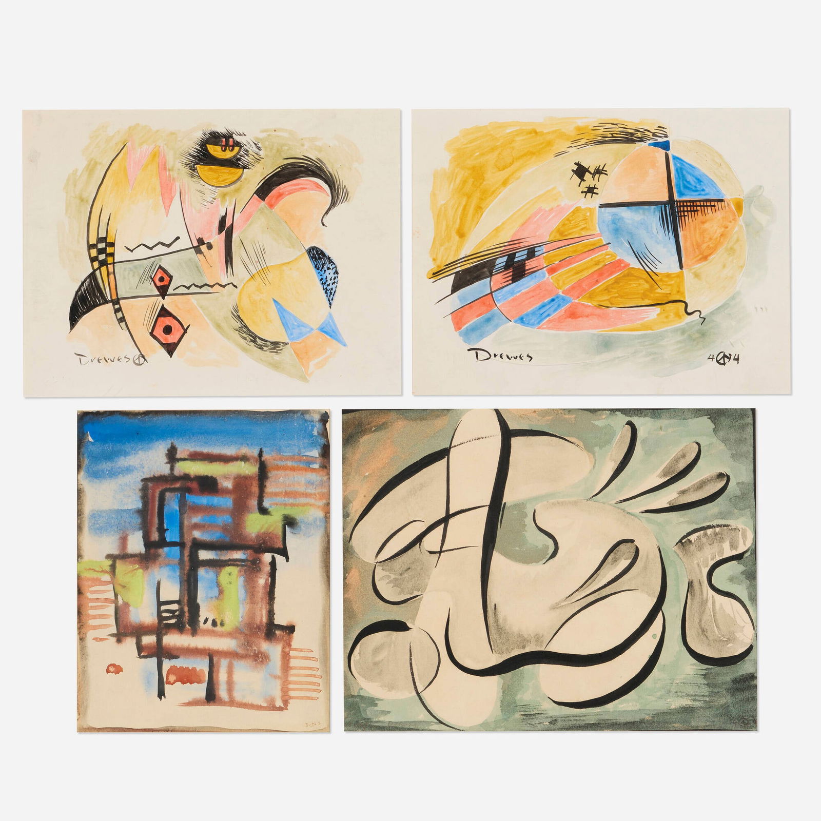 Werner Drewes, Untitled (four works): Werner Drewes Untitled (four works) 1933, 1944 watercolor on paper; watercolor on paper mounted to card; watercolor with ink and brush on paper sight (largest): 8 h x 10.25 w in (20 x 26 cm) sight