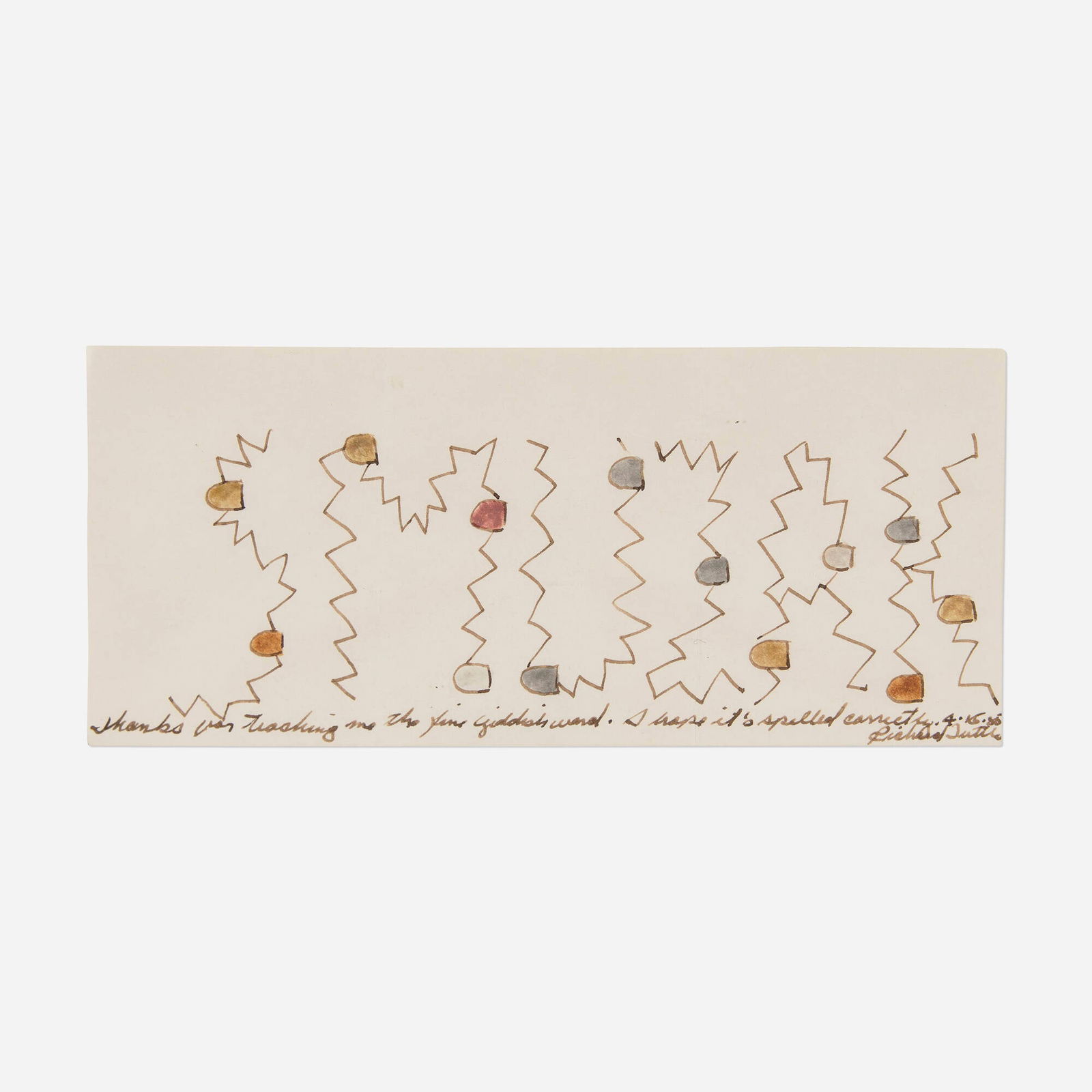 Richard Tuttle, Untitled: Richard Tuttle Untitled 1985 ink on paper 4.125 h x 9.375 w in (10 x 24 cm) Signed, dated and inscribed to lower edge 'Thank you for teaching me the fine Yiddish word. I hope it's spelled