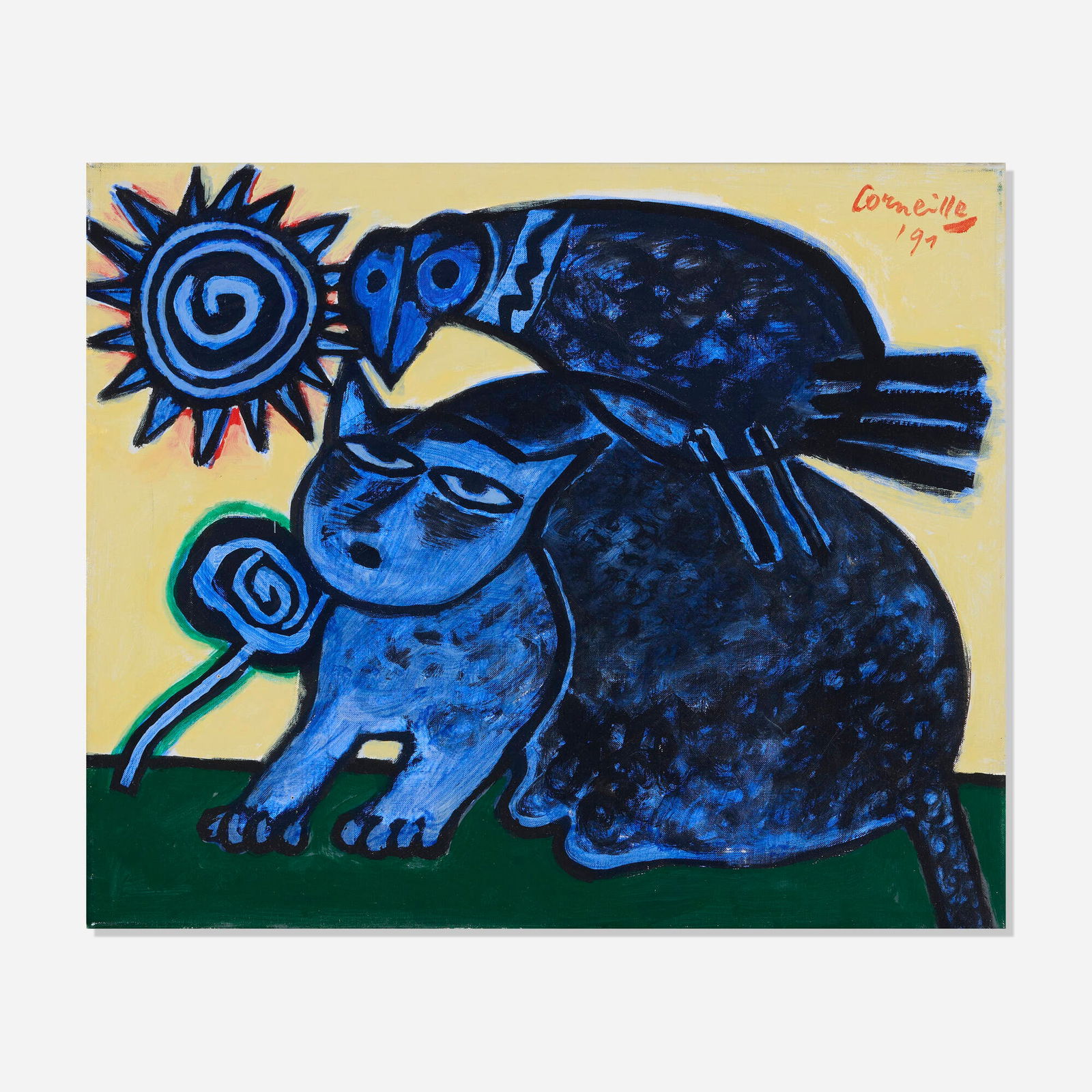 Corneille (Guillaume Cornelis van Beverloo), Il gatto blue: Corneille (Guillaume Cornelis van Beverloo) Il gatto blue 1991 acrylic on canvas 15.75 h x 18.875 w in (40 x 48 cm) Signed and dated to upper right 'Corneille '91'. Signed and titled to verso 'Il