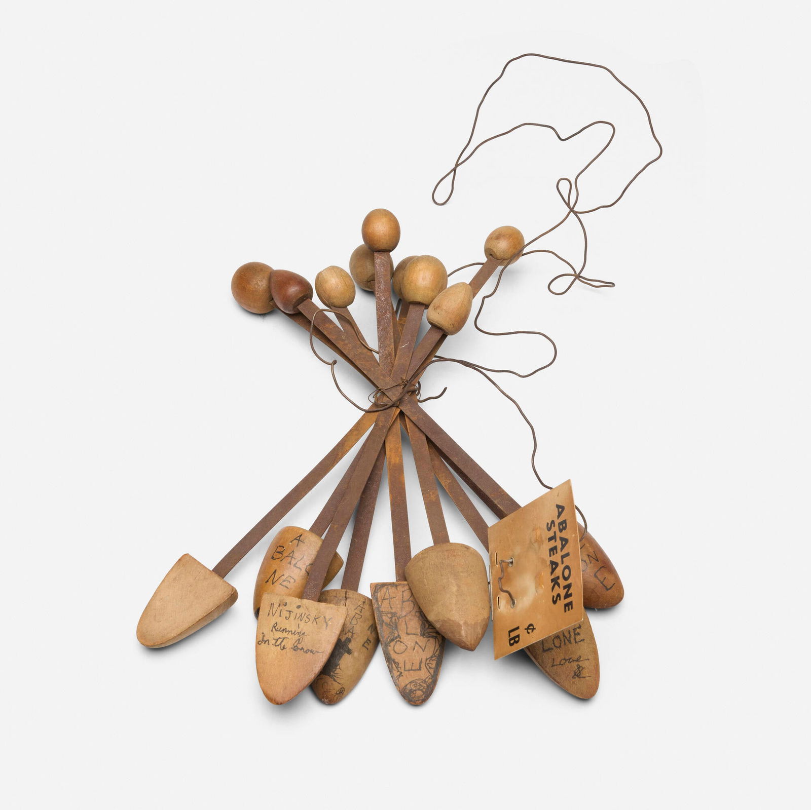 George Herms, Nijinsky Running Through the Snow: George Herms Nijinsky Running Through the Snow 1960 found object assemblage, wire 3.5 h x 17.5 w x 11.25 d in (9 x 44 x 29 cm) Titled to one element 'Nijinsky Running in the Snow'. Provenance: