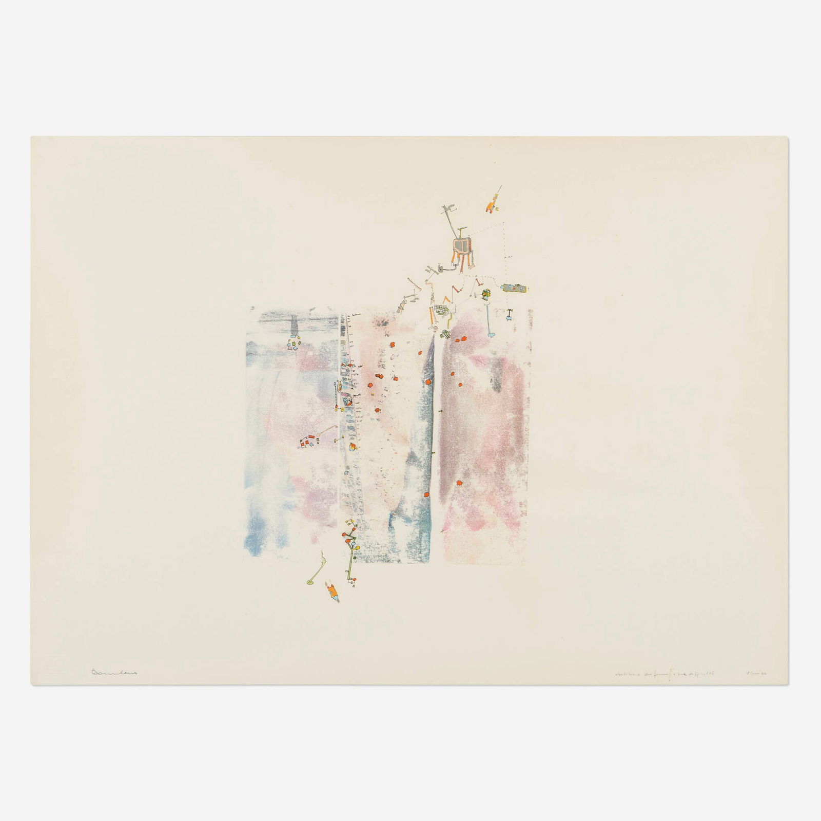 Gianfranco Baruchello, Abolizione dei fiumi e sue difficolta: Gianfranco Baruchello Abolizione dei fiumi e sue difficolta 1964 mixed media on watercolor paper sight: 18.75 h x 25.75 w in (48 x 65 cm) Signed, titled and dated to lower edge 'Baruchello