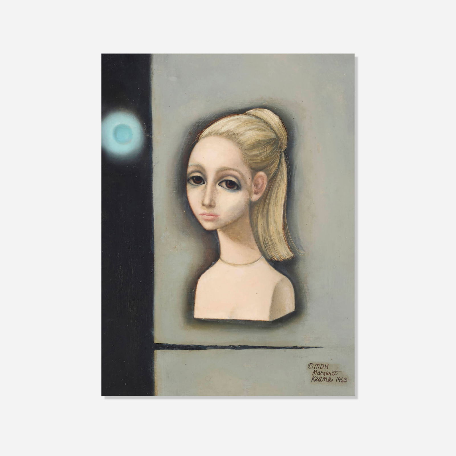 Margaret Keane, Untitled (portrait): Margaret Keane Untitled (portrait) 1963 oil on canvas 12 h x 9.125 w in (30 x 23 cm) Signed and dated to lower right '? MDH Margaret Kean 1963'. This work will ship from Los Angeles, California.