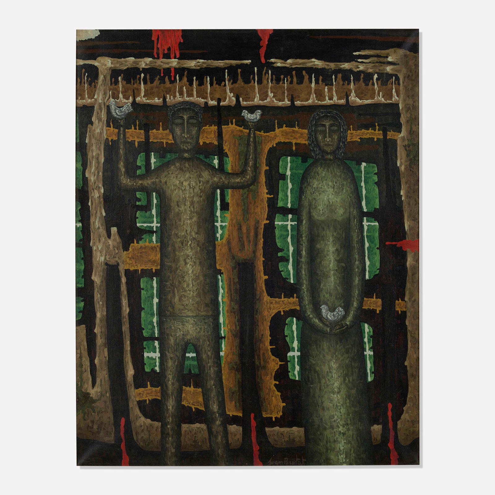 Joan Brotat, Pareja con palomas: Joan Brotat Pareja con palomas oil on canvas 36 h x 29 w in (91 x 74 cm) Signed to lower center 'Joan Brotat'. Titled to verso 'Pareja con palomas'. Provenance: Butterfield & Butterfield, Los