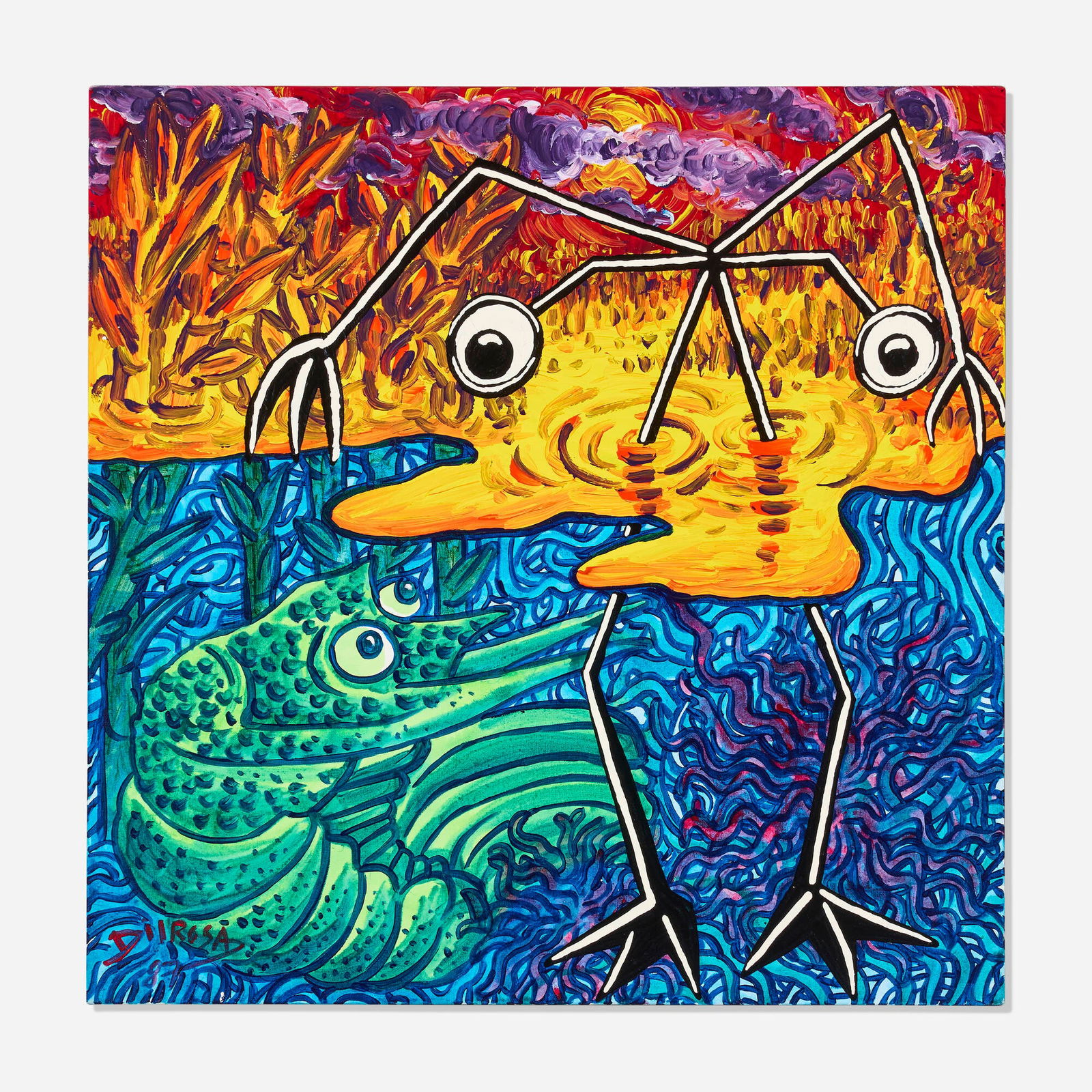 Herve Di Rosa, Ils aiment les crustaces: Herve Di Rosa Ils aiment les crustaces 1987 acrylic and oil on canvas 39.25 h x 39.25 w in (100 x 100 cm) Signed and dated to lower left 'Di Rosa 87'. Sold with a certificate of authenticity from