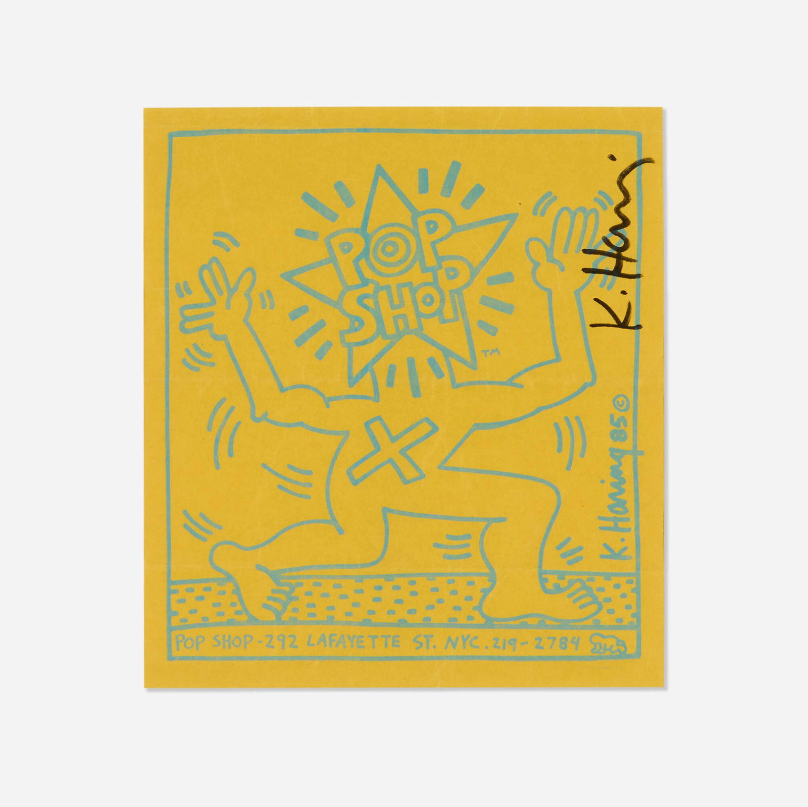 Keith Haring, Pop Shop paper bag: Keith Haring Pop Shop paper bag c. 1985 lithograph in colors sight: 7.25 h x 6.5 w in (18 x 17 cm) Signed to upper right 'K. Haring'. This work will ship from Lambertville, New Jersey.