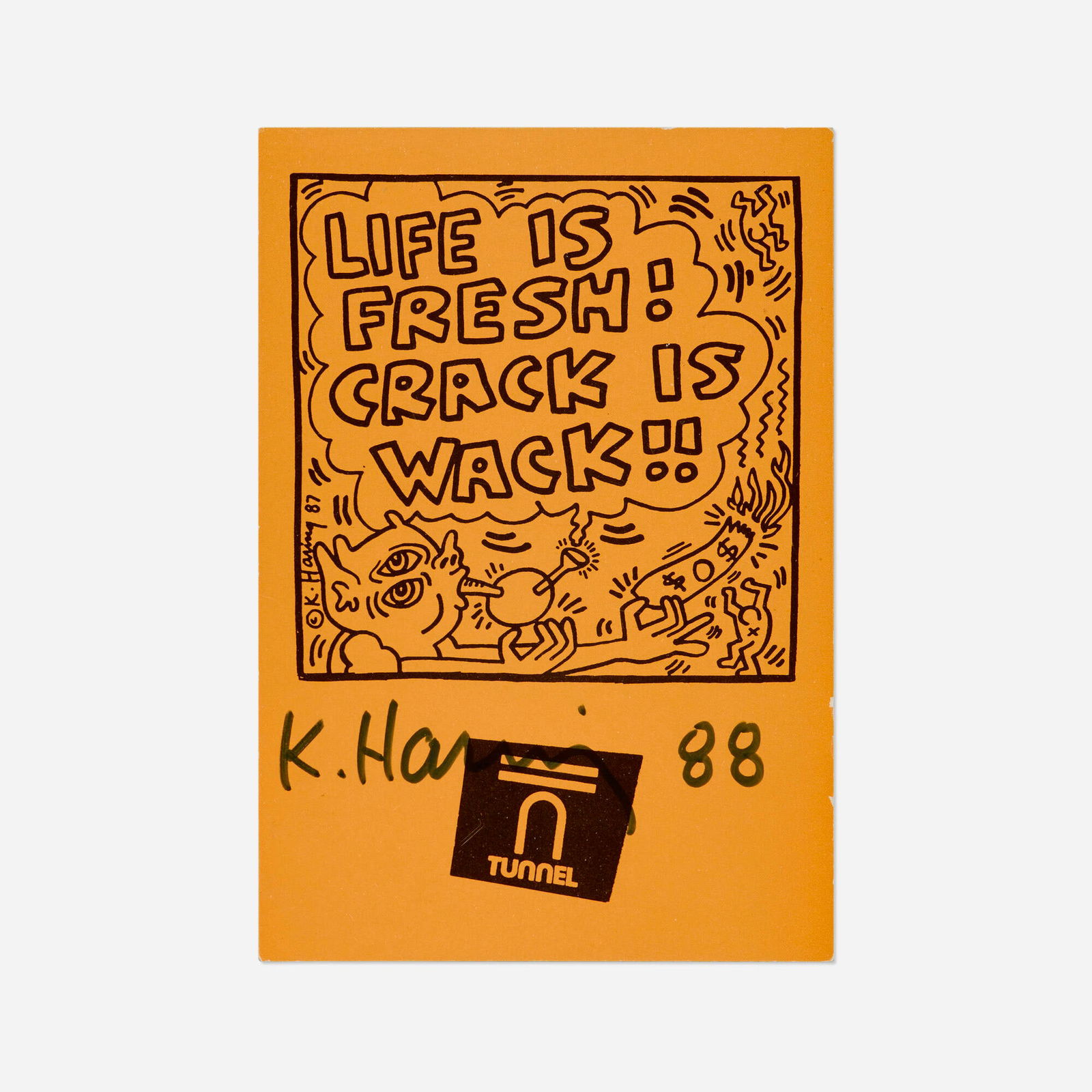 Keith Haring, Tunnel / Pop Shop poster: Keith Haring Tunnel / Pop Shop poster 1988 offset lithograph in colors 6 h x 4.125 w in (15 x 10 cm) Signed and dated to lower edge 'K. Haring 88'. This work will ship from Lambertville, New