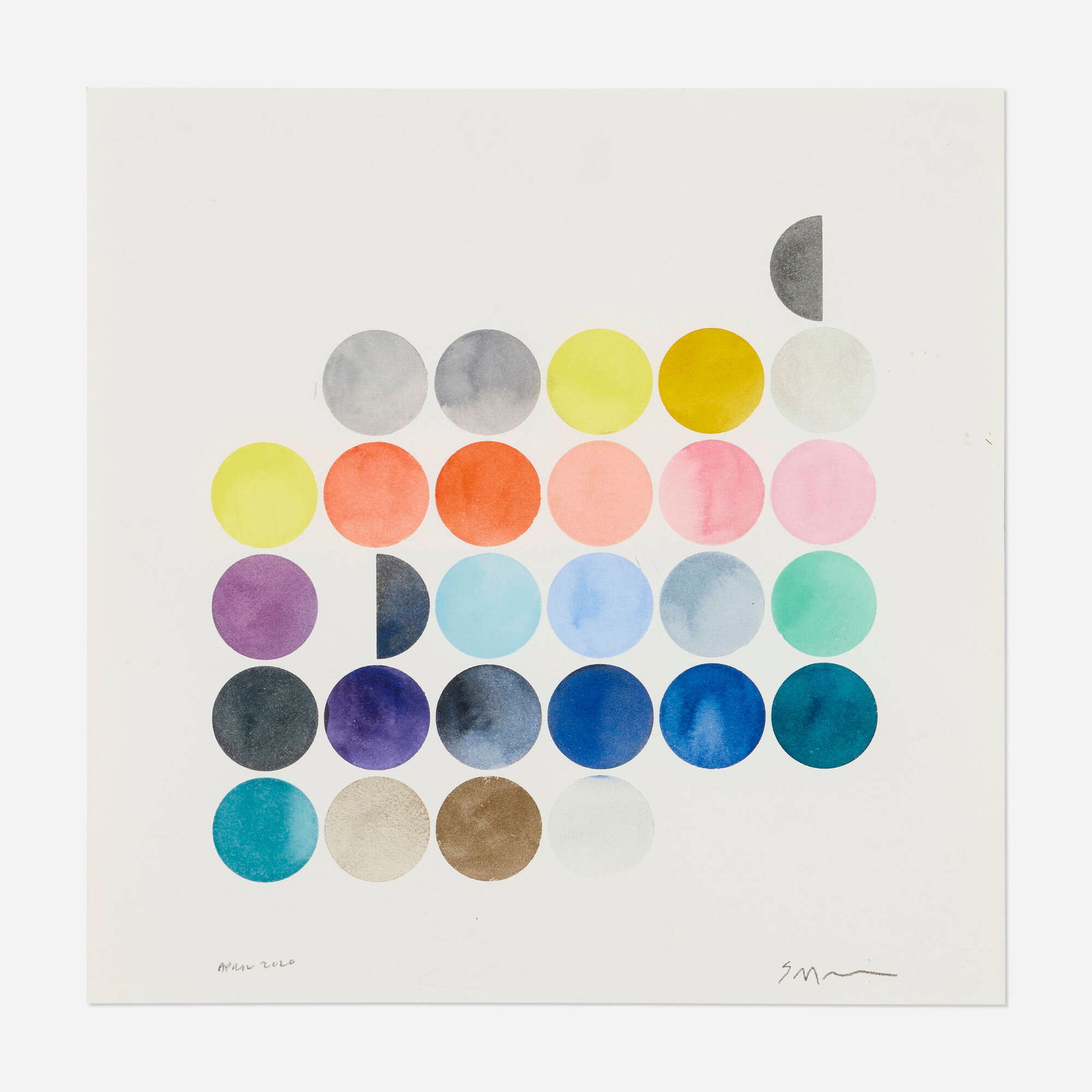 Sarah Morris, April: Sarah Morris April 2020ink and gouache on paper 12.125 h x 12.125 w in (31 x 31 cm) Signed, titled and dated to lower edge 'April 2020 S Morris'. This work will ship from L