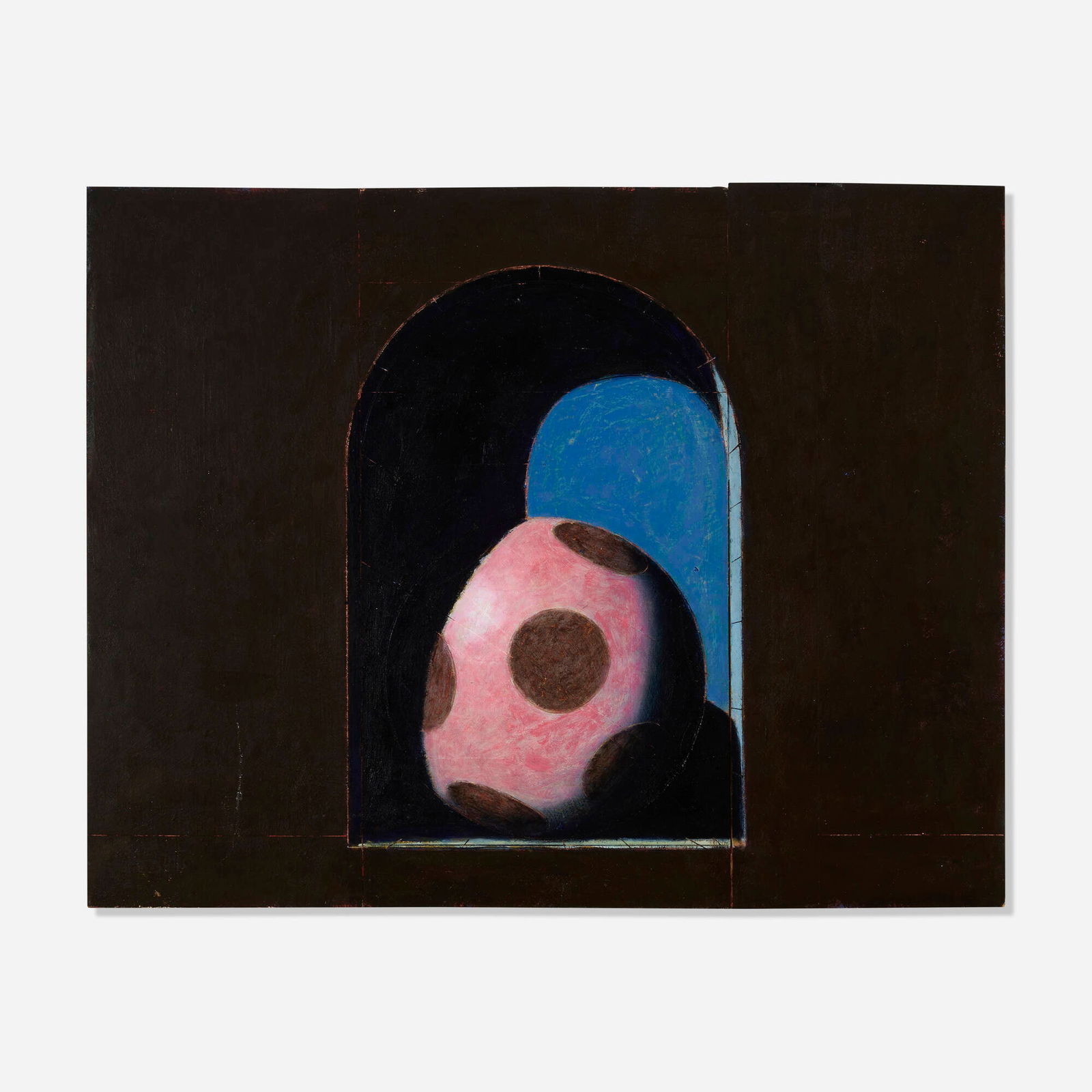 John Gibson, Arched Niche, Pink Ball - Dots: John Gibson Arched Niche, Pink Ball - Dots 1994 oil on panel 15.75 h x 20.125 w in (40 x 51 cm) Signed, titled and dated to verso 'Arched Niche, Pink Ball - Dots John Gibson 8/94'. This work