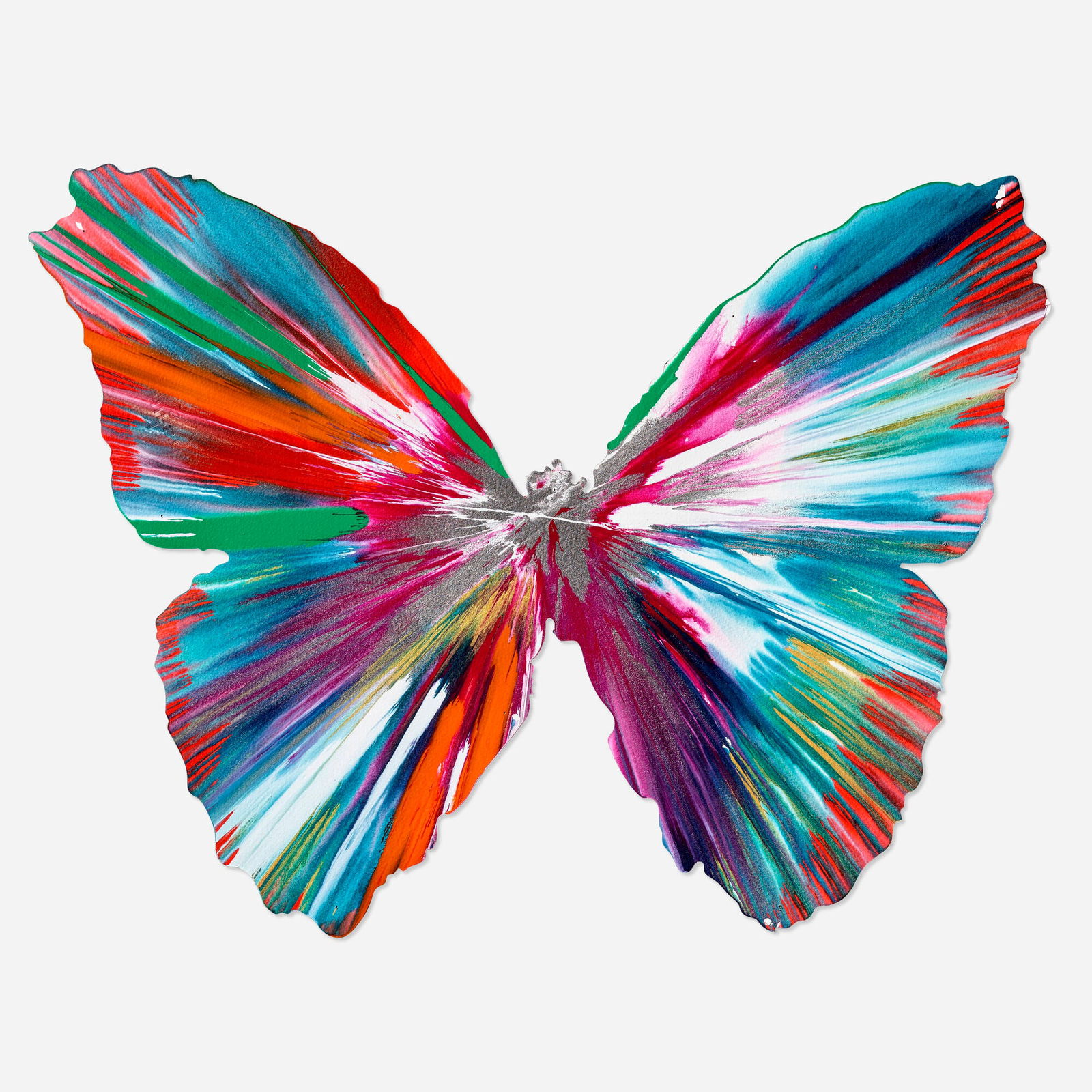 Damien Hirst, Butterfly Spin Painting: Damien Hirst Butterfly Spin Painting 2009 acrylic on paper 19.75 h x 26.5 w in (50 x 67 cm) This work was created with public collaboration at the Damien Hirst Spin Workshop to celebrate the