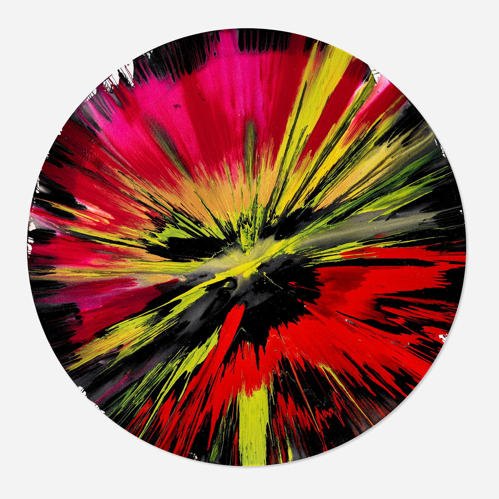 Damien Hirst, Circle Spin Painting: Damien Hirst Circle Spin Painting 2009 acrylic on paper 20.5 dia in (52 cm) This work was created with public collaboration at the Damien Hirst Spin Workshop to celebrate the opening of Requiem at