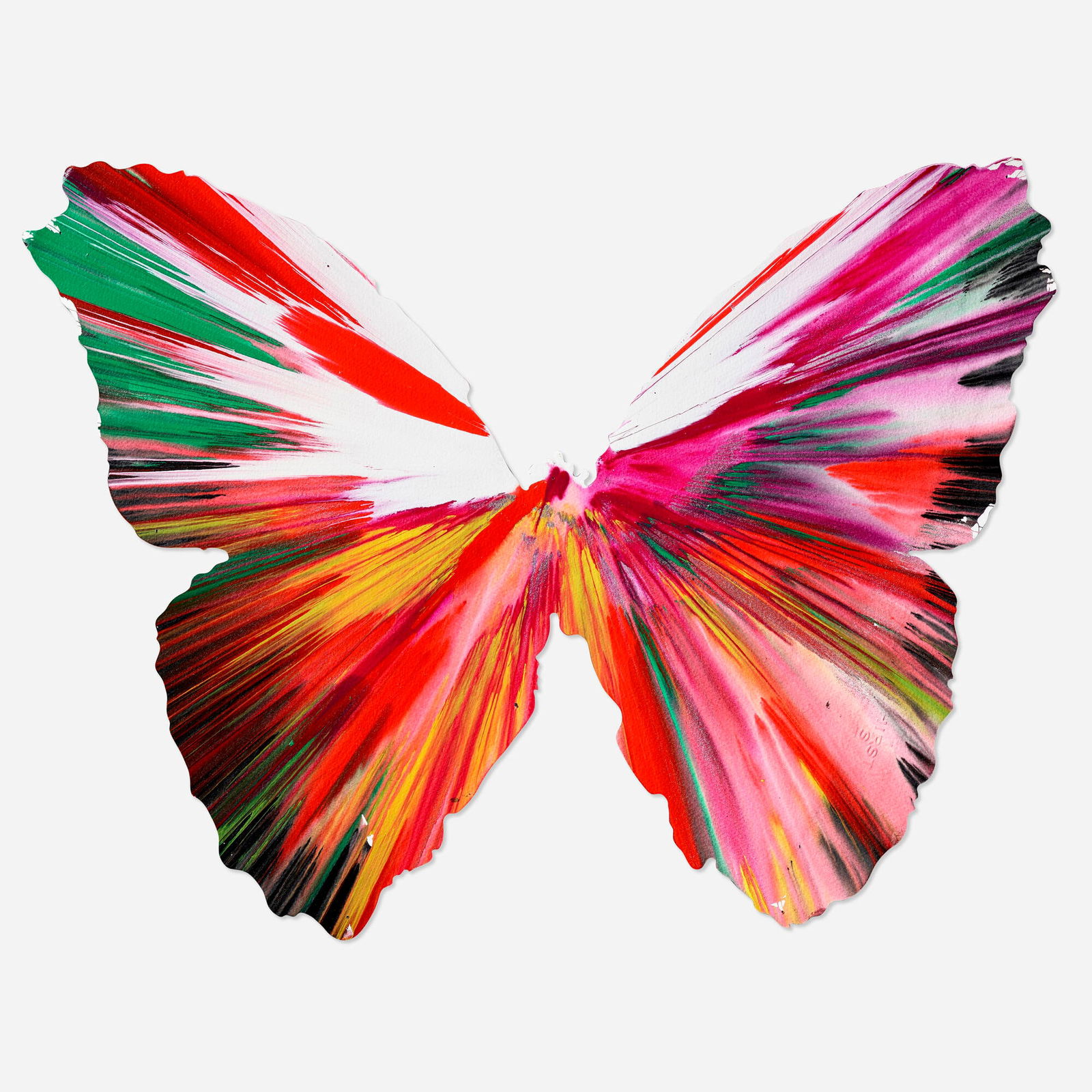 Damien Hirst, Butterfly Spin Painting: Damien Hirst Butterfly Spin Painting 2009 acrylic on paper 21 h x 27 w in (53 x 69 cm) This work was created with public collaboration at the Damien Hirst Spin Workshop to celebrate the opening of
