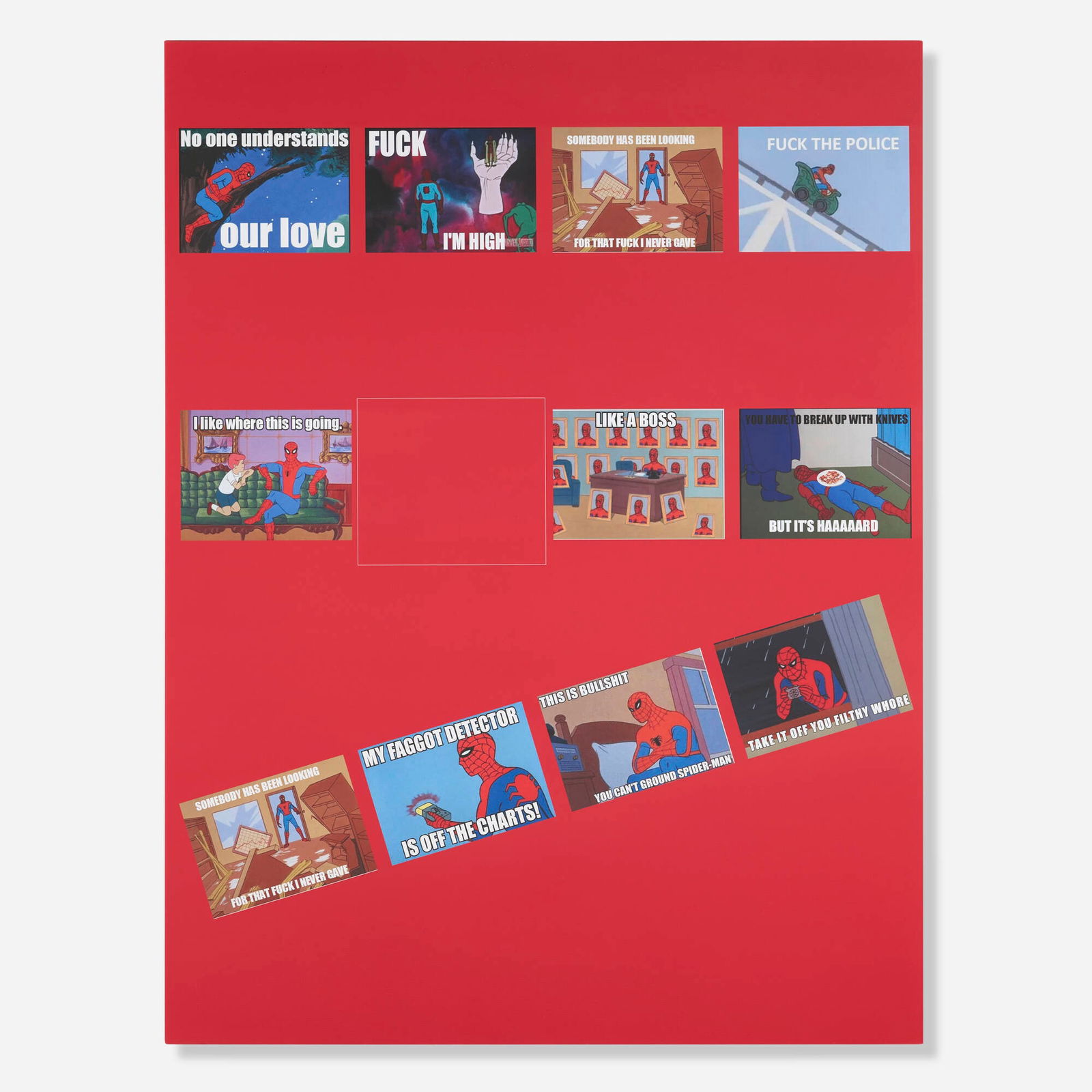 Mark Flood, ANOTHER SPIDEY MAN PAINTING: Mark Flood ANOTHER SPIDEY MAN PAINTING 2014 archival pigment print on canvas 66 h x 50 w in (168 x 127 cm) Provenance: Peres Projects, Berlin | Private Collection This work will ship from