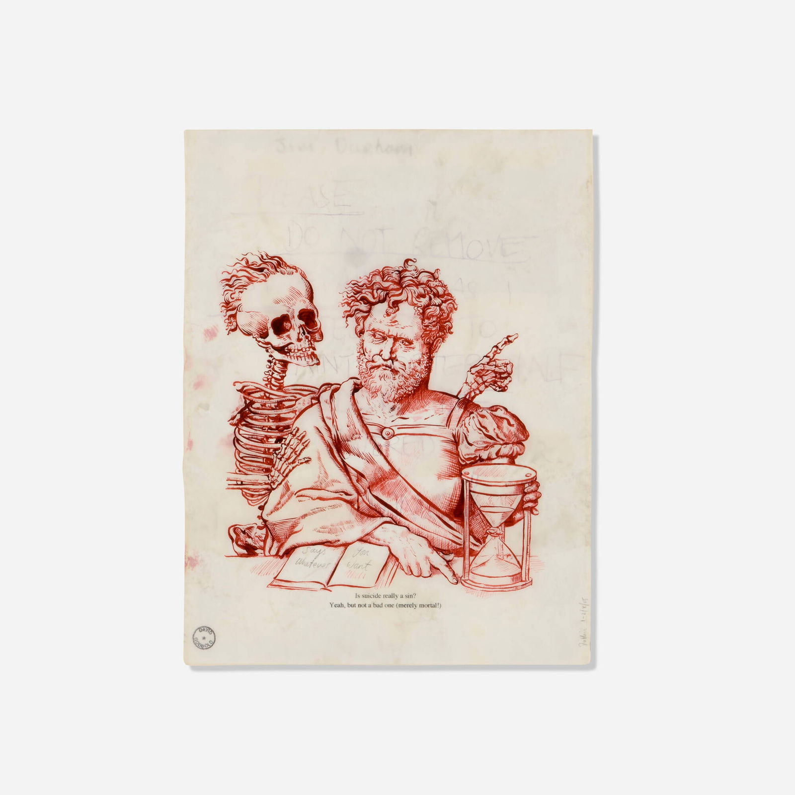 David Godbold, Merely Mortal: David Godbold Merely Mortal 2005 ink and computer print out on tracing paper laid over found notice 10.75 h x 8.25 w in (27 x 21 cm) Dated and inscribed to lower right 'Dublin 1 - 2/8/05' with