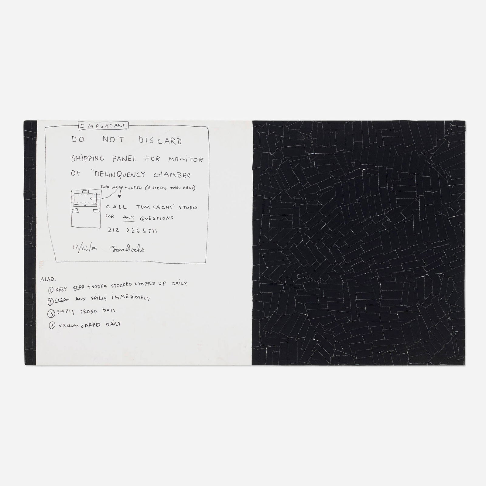 Tom Sachs, Important/Do Not Discard...: Tom Sachs Important/Do Not Discard... 2004 felt-tip marker, gaffer tape, gesso on panel 26.5 h x 47.5 w in (67 x 121 cm) Signed and dated to left '12/26/04 Tom Sachs'. Provenance: Private