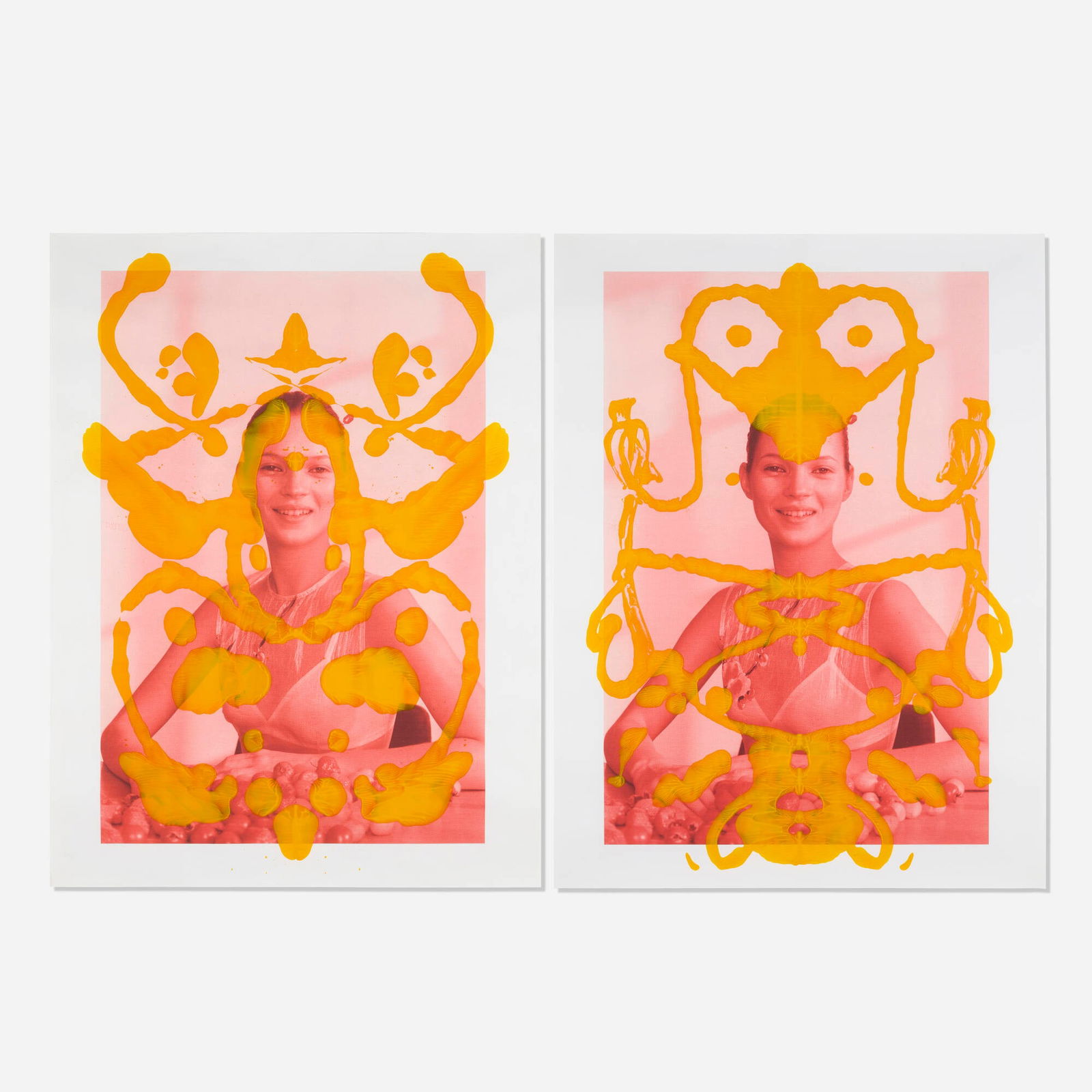 Asher Penn, Kate Moss Rorschach (Yellow on Red) (two works): Asher Penn Kate Moss Rorschach (Yellow on Red) (two works) 2013 acrylic on matte print paper each: 48 h x 36 w in (122 x 91 cm) Sold with certificates of authenticity from the artist. Provenance: