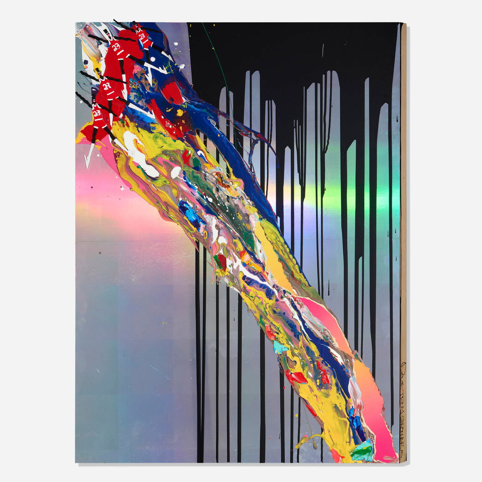 Devin Troy Strother, I Got 4 Michael Jordan's and a Lynda Benglis All Over My Brand New Holograms: Devin Troy Strother I Got 4 Michael Jordan's and a Lynda Benglis All Over My Brand New Holograms 2015hologram Mylar with poly-glue and water-based vinyl paint mounted to acrylic sheet 48 h x 36 w in