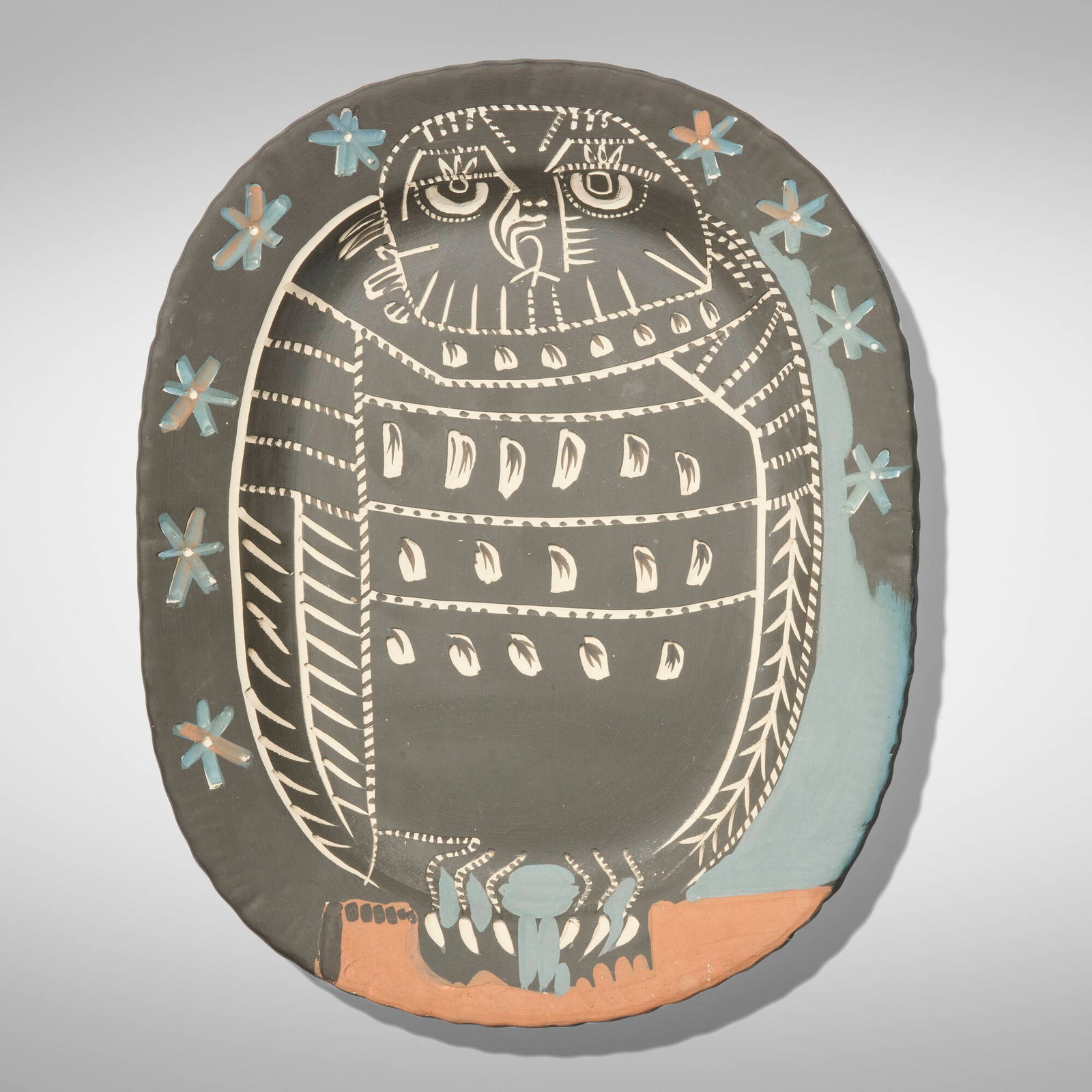 Pablo Picasso, Hibou mat: Pablo Picasso Hibou mat 1955white earthenware clay, decoration in engobes engraved by knife 1535 h x 12.5 w x 1.75 d in (3899 x 32 x 4 cm) Impressed studio marks to underside 'Madoura Plein Fe