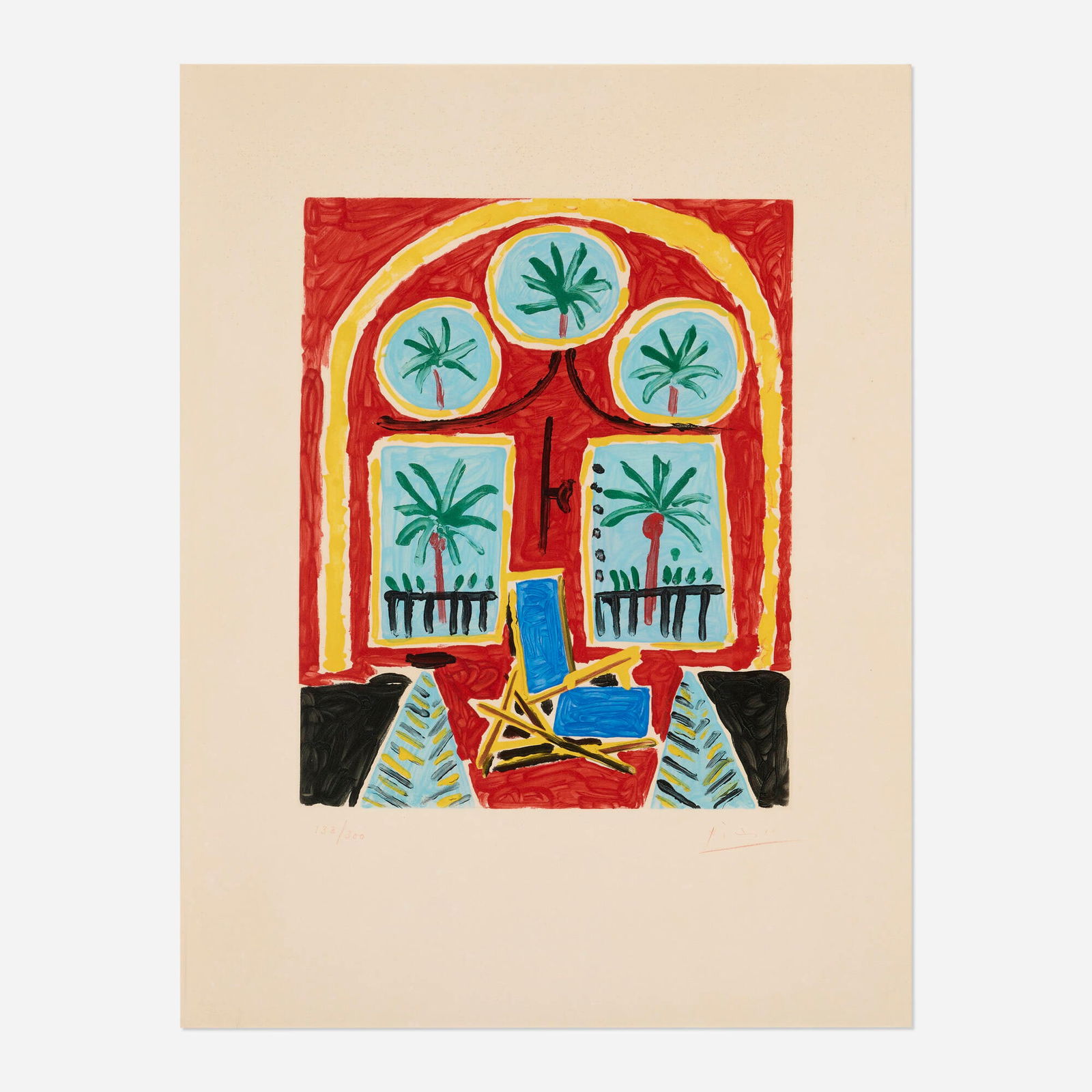 After Pablo Picasso, Interieur rouge avec un transatlantique bleu: After Pablo Picasso Interieur rouge avec un transatlantique bleu 1959etching and aquatint in colors on BFK Rives image: 16 h x 12.625 w in (41 x 32 cm) sheet: 25.625 h x 19.5 w in (65 x 50 cm)