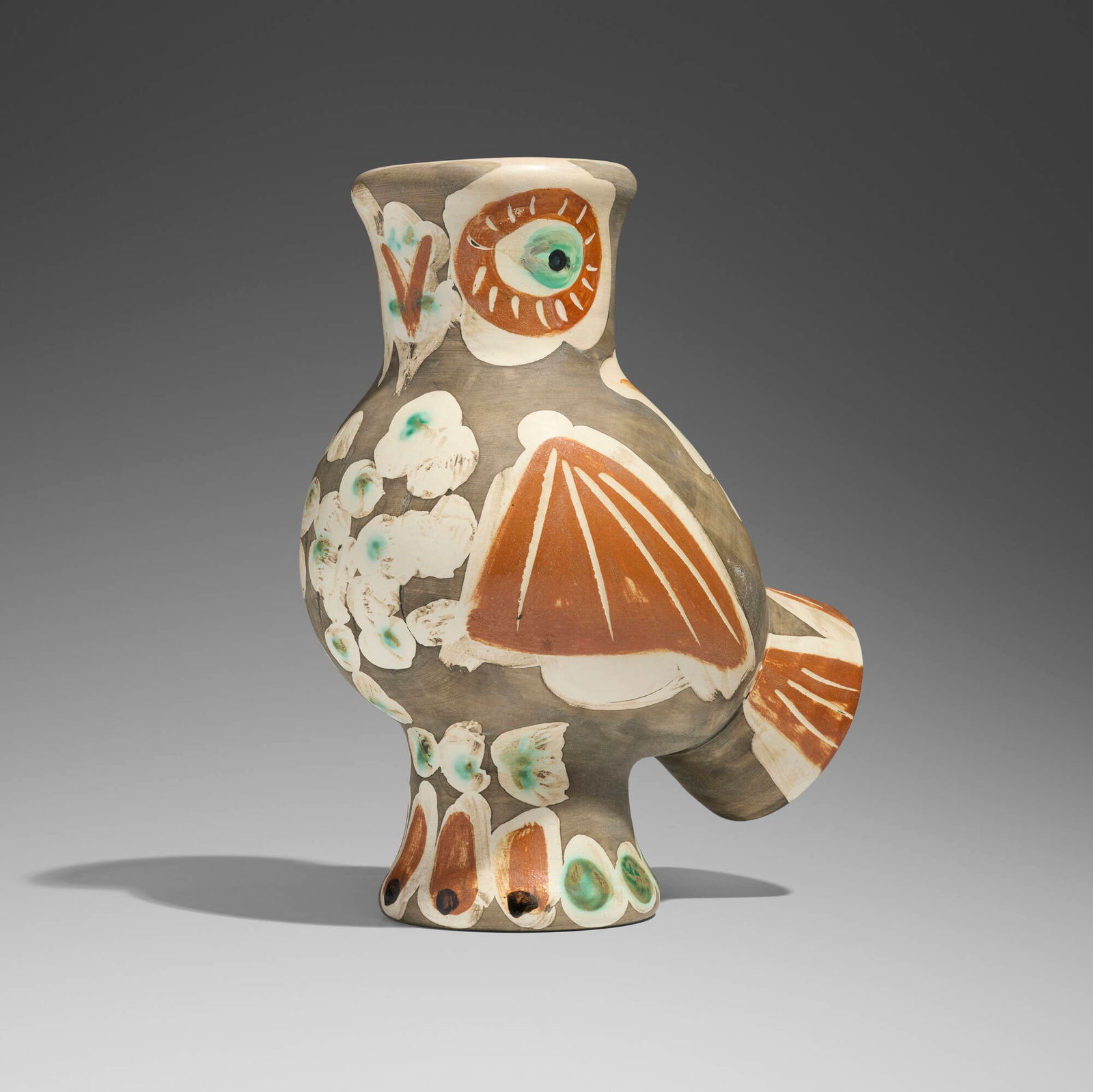 Pablo Picasso, Chouette: Pablo Picasso Chouette 1968white earthenware clay, decoration in engobes, knife engraved under partial brushed glaze, black patina 12 h x 9 w x 6.5 d in (30 x 23 x 17 cm) Incised studio mark a