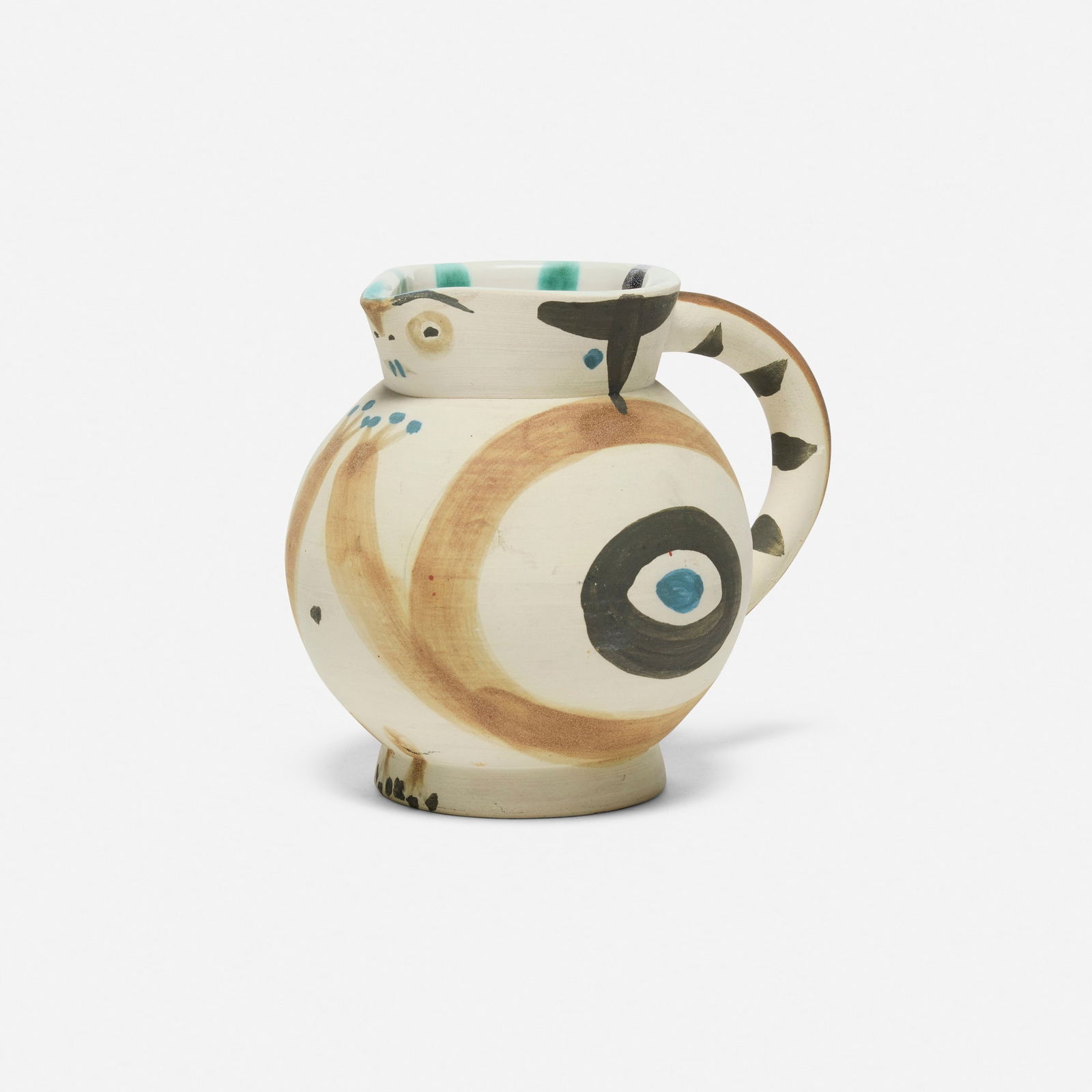 Pablo Picasso, Petite chouette: Pablo Picasso Petite chouette 1949white earthenware clay, decoration in engobes and glazed interior 5.25 h x 6.125 w x 4.5 d in (13 x 16 x 11 cm) Impressed manufacturer's mark to underside 'Ma