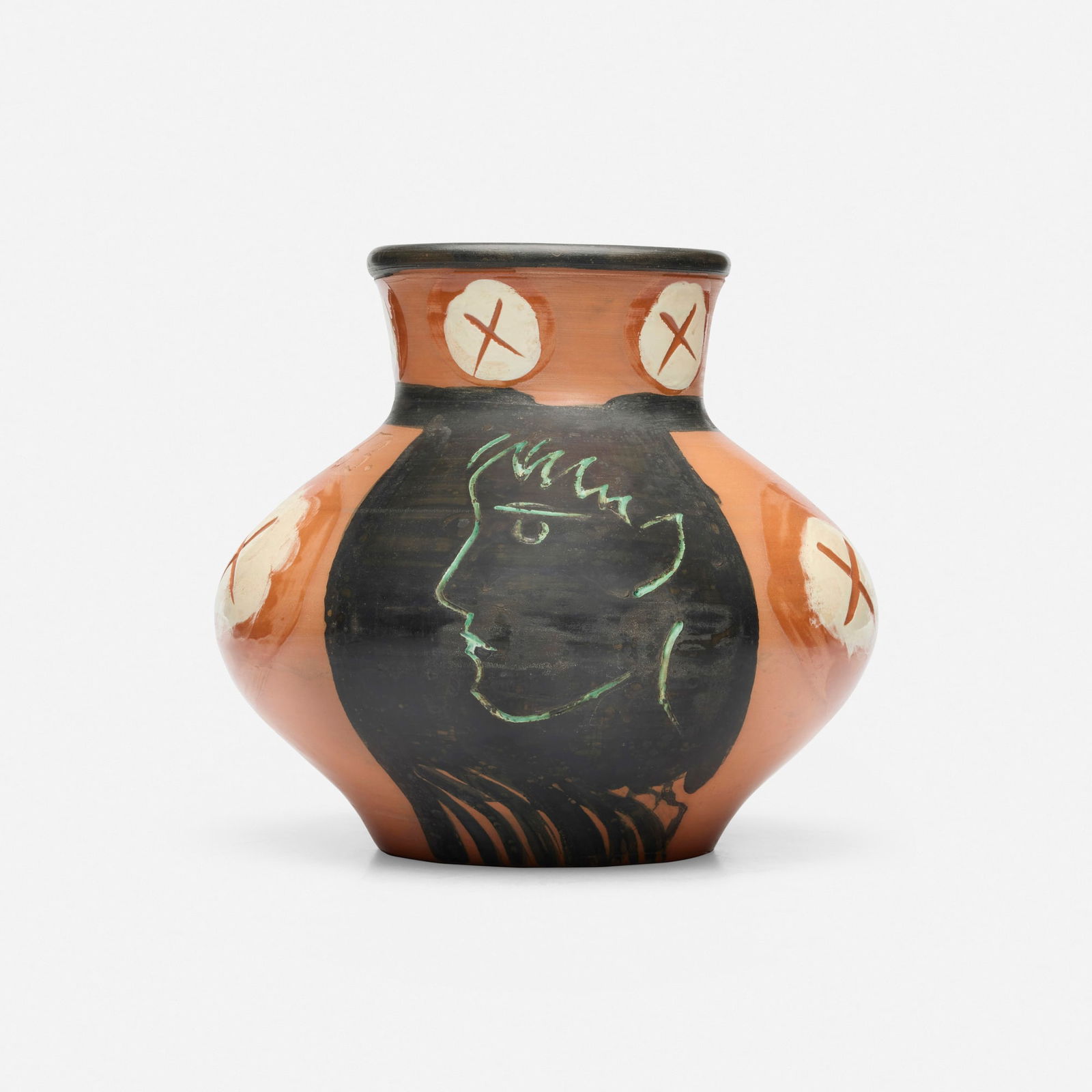 Pablo Picasso, Visage de profil: Pablo Picasso Visage de profil 1953red earthenware with engobe and paraffin decoration, partial brushed glaze 10.25 h x 11.25 dia in (26 x 29 cm) Incised studio mark with number to underside '