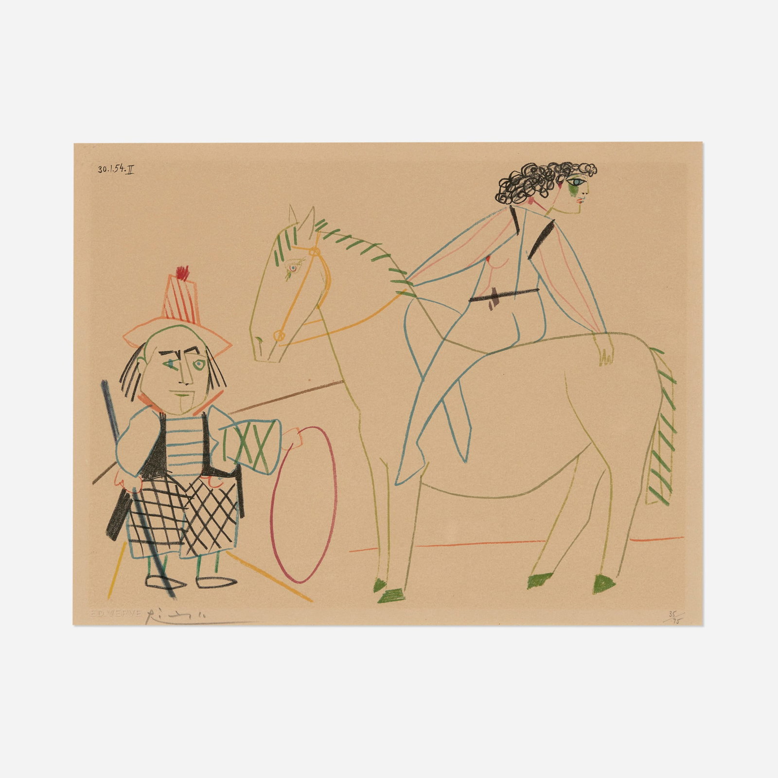 After Pablo Picasso, Cavalier de cirque II (from the Suite de 180 dessins): After Pablo Picasso Cavalier de cirque II (from the Suite de 180 dessins) 1954 lithograph in colors image: 9.5 h x 12.625 w in (24 x 32 cm) sheet: 10.75 h x 15 w in (27 x 38 cm) Signed and