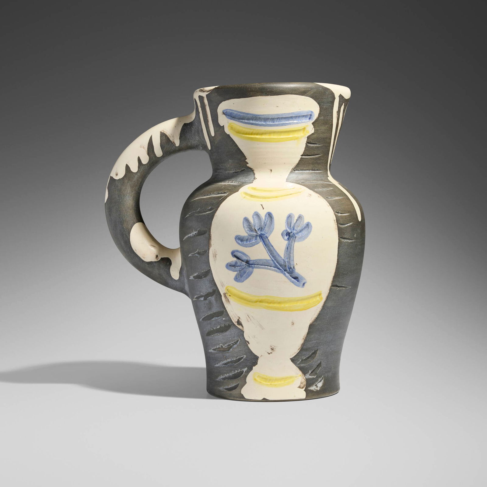 Pablo Picasso, Pichet au vase: Pablo Picasso Pichet au vase 1954white earthenware clay, decoration in engobes, under partial brushed glaze, engraved and black patina 12 h x 10.5 w x 7.5 d in (30 x 27 x 19 cm) Incised studio