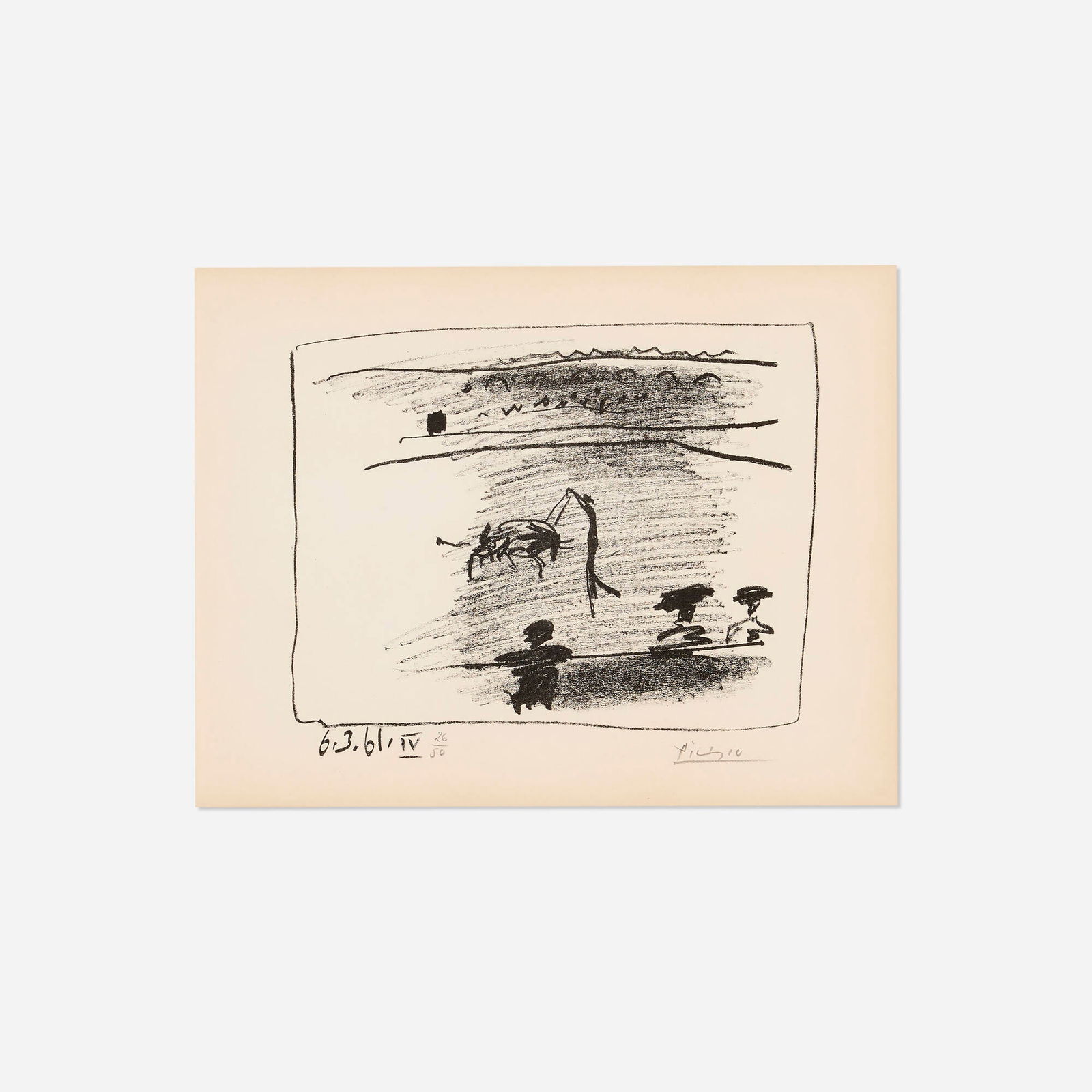 Pablo Picasso, Les Banderilles (from the A los toros avec Picasso portfolio): Pablo Picasso Les Banderilles (from the A los toros avec Picasso portfolio) 1961lithograph image: 7.25 h x 9.25 w in (18 x 23 cm) sheet: 9.5 h x 12.5 w in (24 x 32 cm) Signed and numbered t