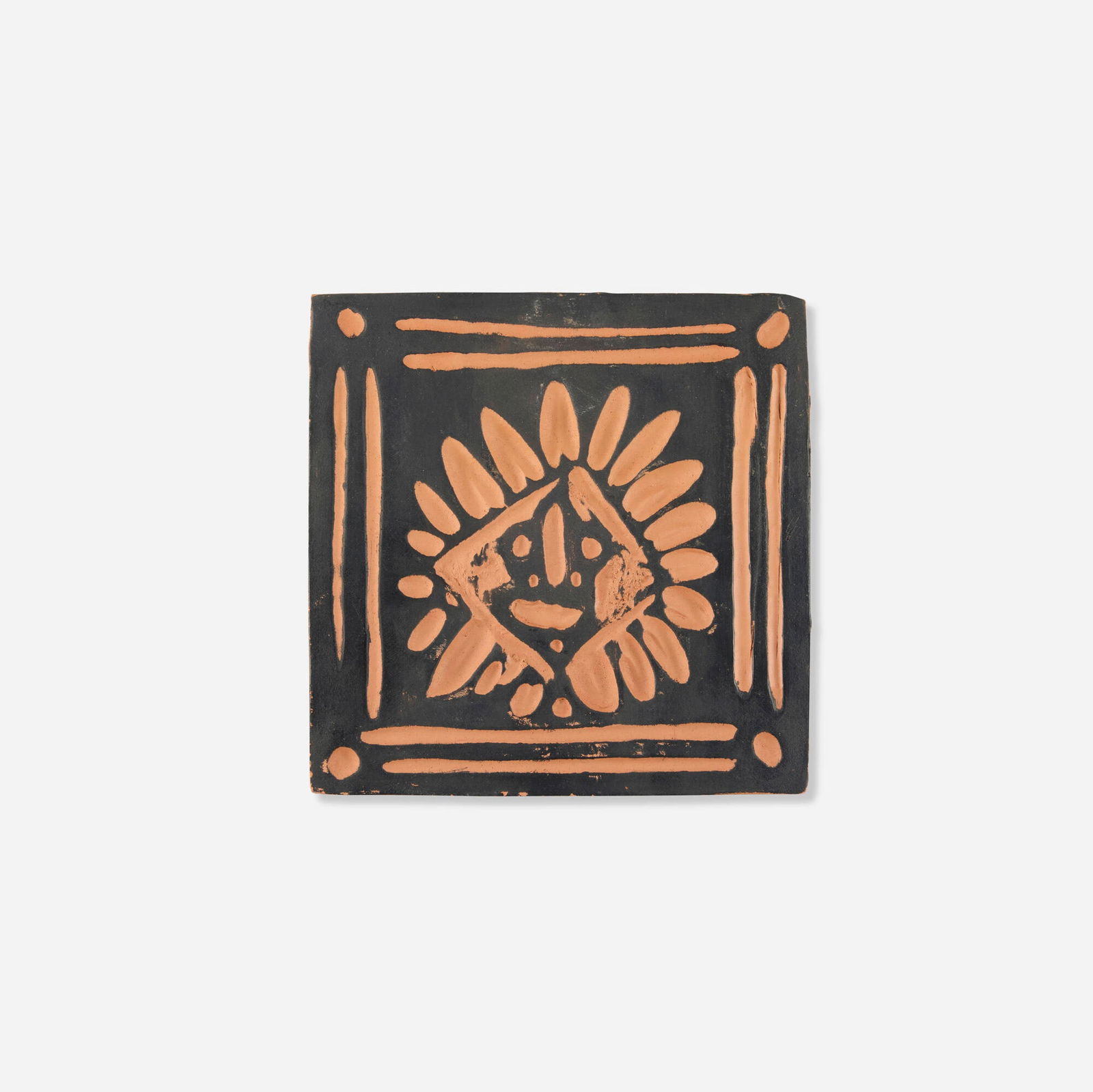 Pablo Picasso, Petit Indien: Pablo Picasso Petit Indien c. 1968red earthenware with engobe decoration 0.75 h x 6.25 w x 6.25 d in (2 x 16 x 16 cm) Impressed studio marks to underside 'Madoura Plein Feu' and 'Empreinte Ori