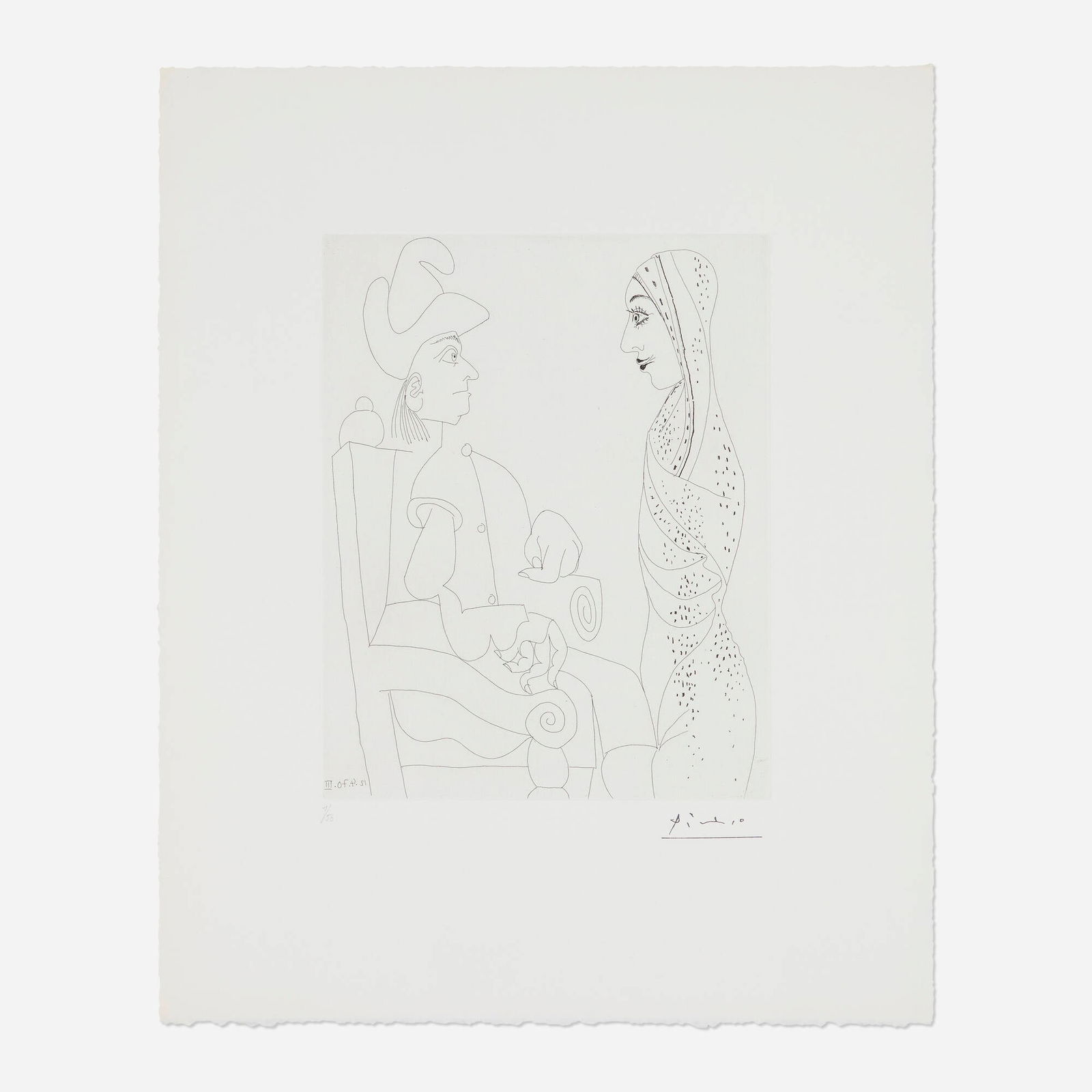 Pablo Picasso, Conquistador et femme marocaine au voile brode (from La Serie 156): Pablo Picasso Conquistador et femme marocaine au voile brode (from La Serie 156) 1971 / 1978etching on BFK Rives image: 10.875 h x 8.625 w in (28 x 22 cm) sheet: 18.375 h x 15 w in (47 x 38 cm)
