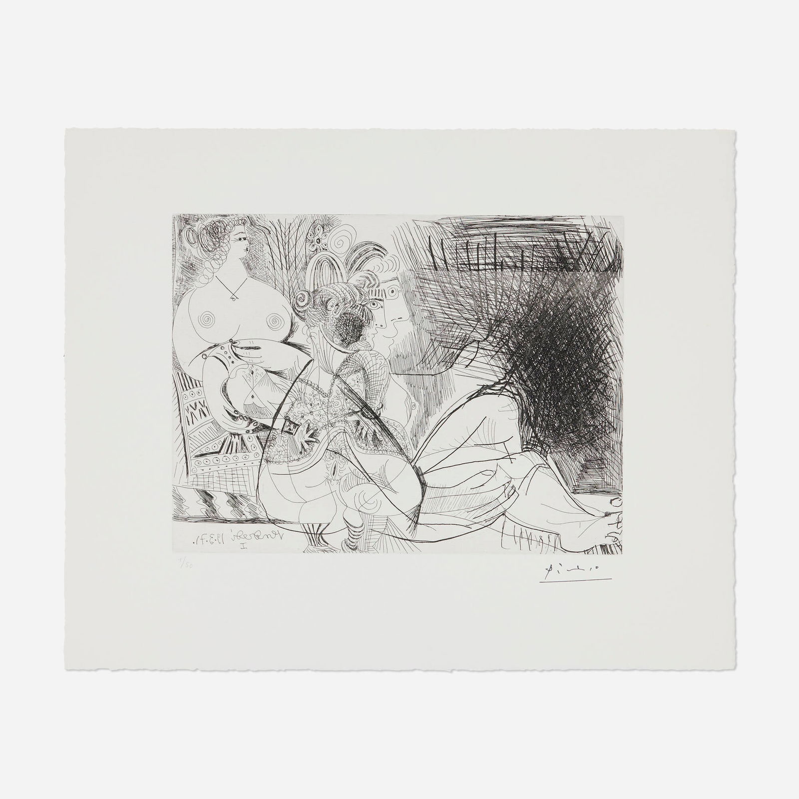 Pablo Picasso, Maison close, trois filles au repos, dont une en chaussettes (from La serie 156): Pablo Picasso Maison close, trois filles au repos, dont une en chaussettes (from La serie 156) 1971 / 1978etching on BFK Rives image: 9 h x 12 w in (23 x 30 cm) sheet: 14.375 h x 17.75 w in (37 x