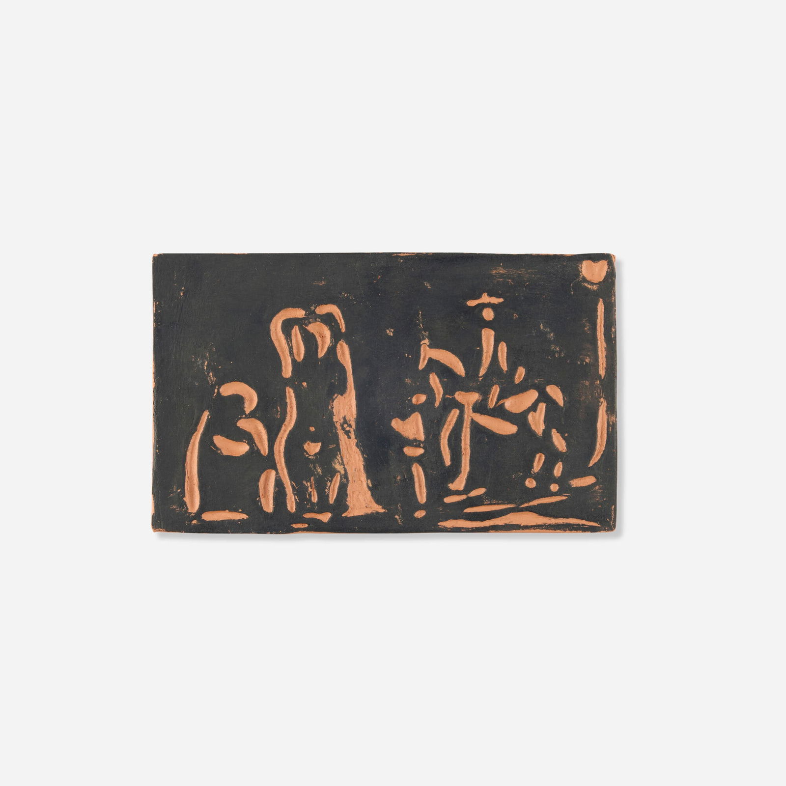 Pablo Picasso, Personnages et cavalier: Pablo Picasso Personnages et cavalier 1968red earthenware with engobe decoration 0.75 h x 6.25 w x 3.75 d in (2 x 16 x 10 cm) Impressed studio marks to underside 'Madoura Plein Feu' and 'Empre