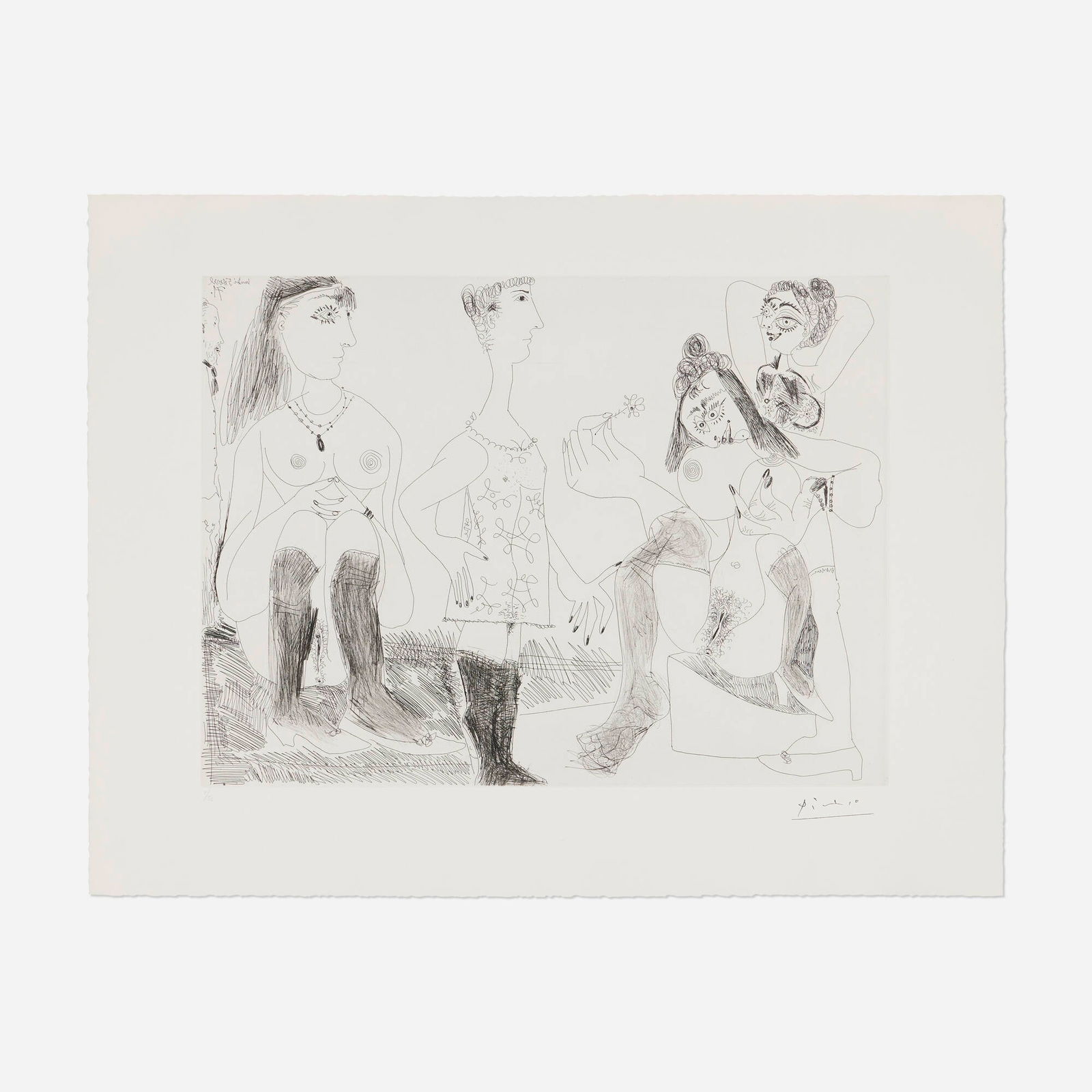 Pablo Picasso, Degas songeant, filles entre elles (from La serie 156): Pablo Picasso Degas songeant, filles entre elles (from La serie 156) 1971 / 1978etching on BFK Rives image: 14.5 h x 19.375 w in (37 x 49 cm) sheet: 19.875 h x 25.75 w in (50 x 65 cm) Numbe