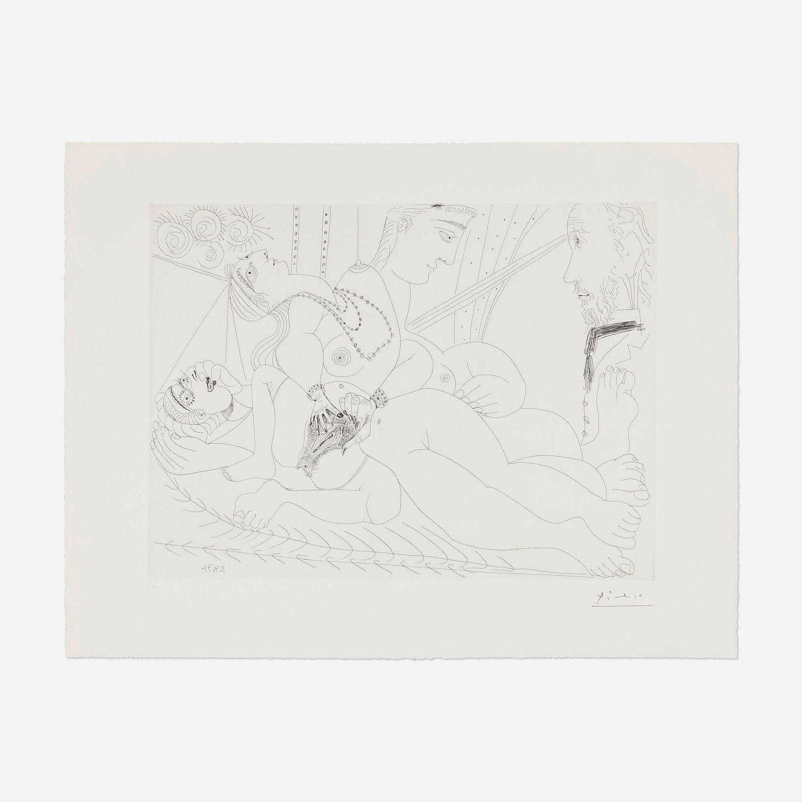 Pablo Picasso, La Maison Tellier, filles entre elles, Degas sidere (from La serie 156): Pablo Picasso La Maison Tellier, filles entre elles, Degas sidere (from La serie 156) 1971 / 1978etching on BFK Rives image: 14.5 h x 19.375 w in (37 x 49 cm) sheet: 19.75 h x 25.75 w in (50 x 65