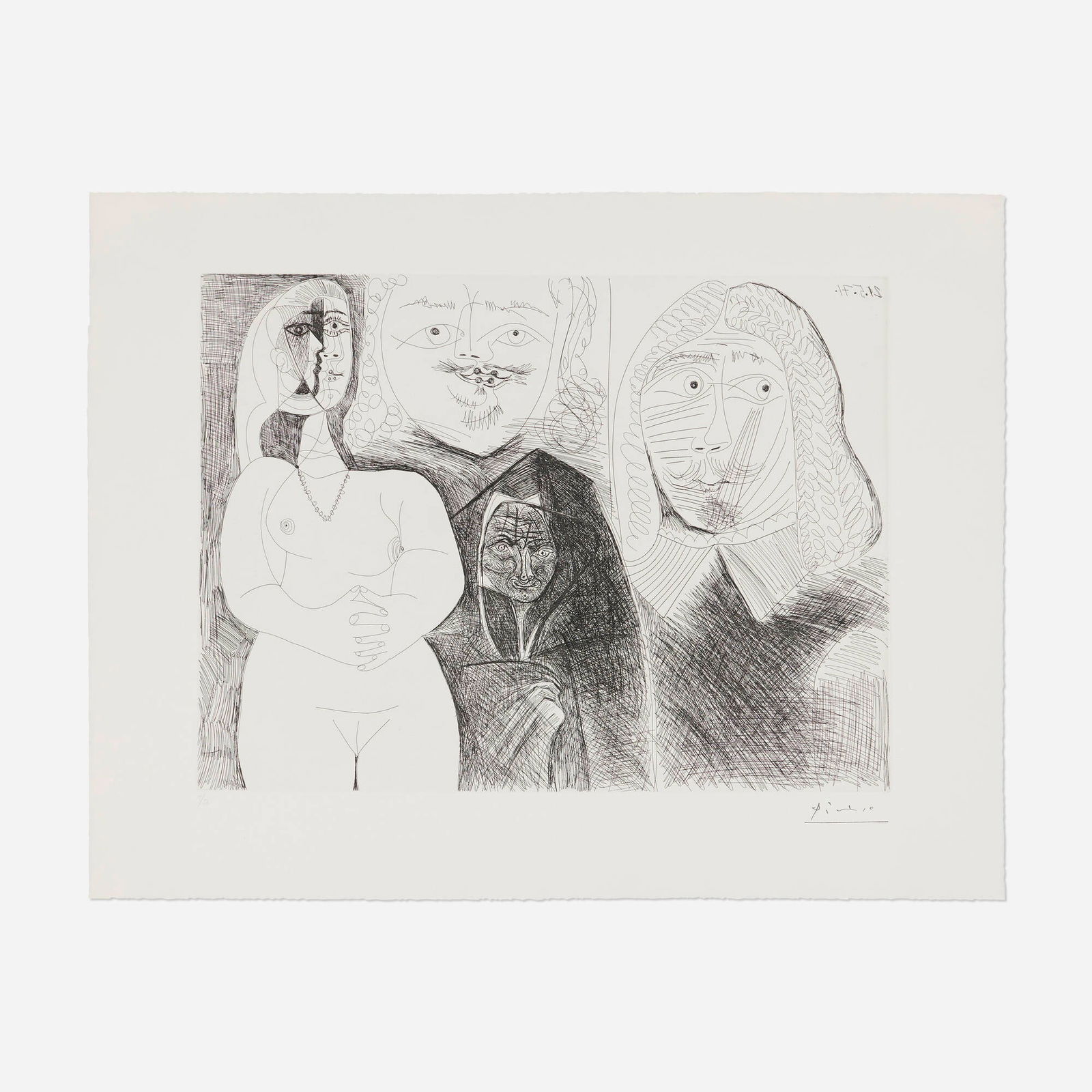 Pablo Picasso, Celestine et fille, avec deux hommes en costume du XVIIe siecle (from La serie 156): Pablo Picasso Celestine et fille, avec deux hommes en costume du XVIIe siecle (from La serie 156) 1971 / 1978etching on BFK Rives image: 14.5 h x 19.375 w in (37 x 49 cm) sheet: 19.875 h x 25.5 w