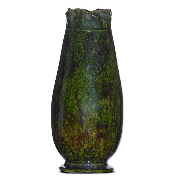 GEORGE OHR Tall vase w/ ruffled rim: GEORGE OHR (1857 - 1918) Tall vase with ruffled rim, green, brown, and gunmetal sponged-on glaze, Biloxi, MS, 1897-1900; Stamped G.E. OHR, Biloxi, Miss.; 8 1/4" x 3 1/2"