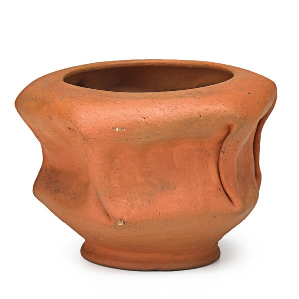 GEORGE OHR Bisque folded vessel: GEORGE OHR (1857 - 1918) Folded and dimpled vessel of red bisque clay, Biloxi, MS, 1898-1910; Script signature; 3 1/2" x 5"