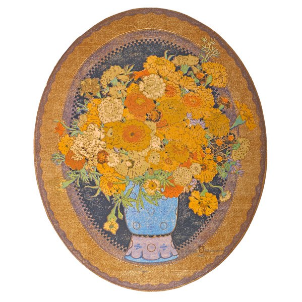 GUSTAVE BAUMANN Color woodblock print, "Marigolds": GUSTAVE BAUMANN (American, 1881-1971) Color woodblock print, "Marigolds," Santa Fe, NM, 1920 Framed; Chop mark, artist's signature, dated and numbered 9/100; Image: 21 3/4" x 17 1/2"