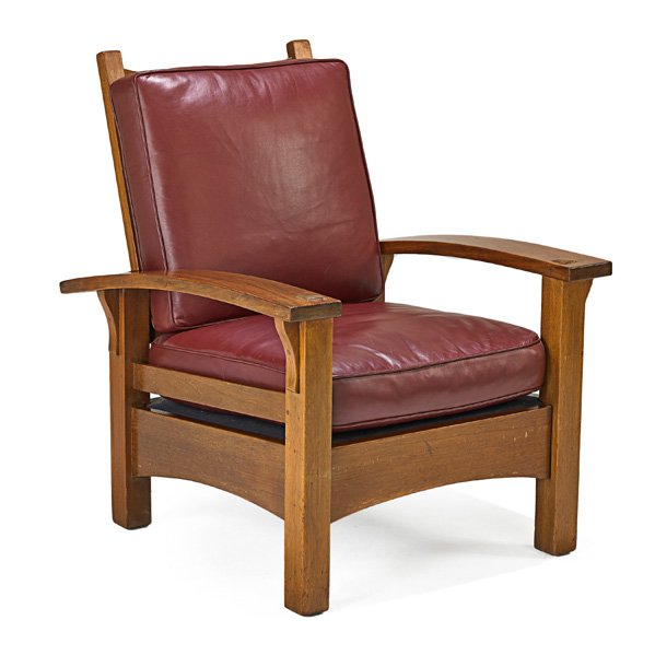 GUSTAV STICKLEY Mahogany Bow-Arm Morris chair: GUSTAV STICKLEY Mahogany Bow-Arm Morris chair, Eastwood, NY, ca. 1904; Unmarked; 39" x 30" x 36 1/2"