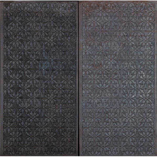 LOCKWOOD DE FOREST Pair of iron fire backs: LOCKWOOD DE FOREST (1850 - 1932) Pair of wrought-iron fire back panels, New York, 1884; In mold: COPYRIGHT 1884 BY LOCKWOOD DE FOREST NO G 15 X 32; 32" x 15 3/4" ea.