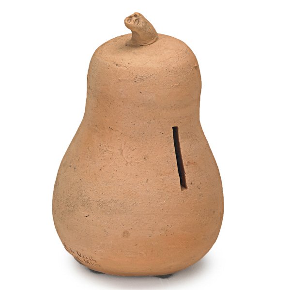 GEORGE OHR Pear-shaped bisque bank: GEORGE OHR (1857 - 1918) Pear-shaped bisque bank, Biloxi, MS, 1897-1900; Stamped G.E. OHR, Biloxi, Miss.; 4" x 2 1/2" Published: Ellison, George Ohr, Art Potter, pl. 42; Provenance: The collection of 