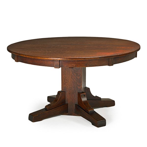 STICKLEY BROTHERS Dining table: STICKLEY BROTHERS Dining table with two leaves, Grand Rapids, MI, ca. 1910; Quaint tag; 29" x 54", two 11" leaves