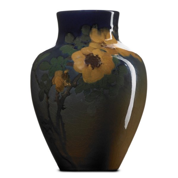 E.T. HURLEY; ROOKWOOD Iris glaze vase: E.T. HURLEY (1869 - 1950) ROOKWOOD Iris glaze vase with roses, Cincinnati, OH, 1902; Flame mark II/927D/ETH; 8 1/4" x 5 3/4"