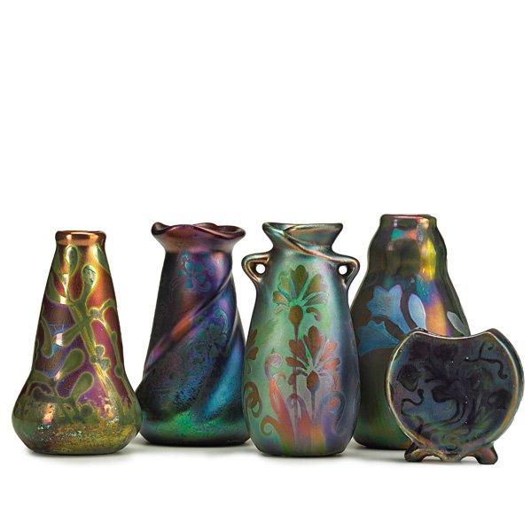 WELLER; SICARD Five bud vases: JACQUES SICARD (1863 - 1925) WELLER Five bud vases with floral designs, Zanesville, OH, ca. 1903-1917; All marked Weller Sicard; Tallest: 5" x 3", smallest: 2 1/2" x 2 1/2"