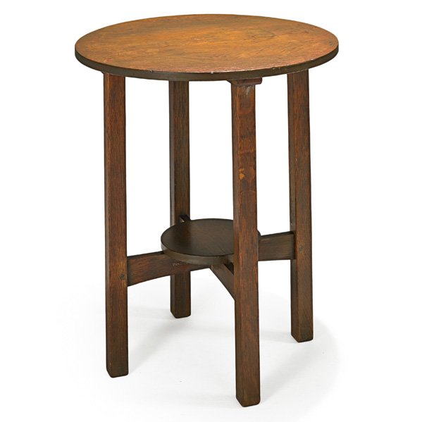 L. & J.G. STICKLEY Lamp table: L. & J.G. STICKLEY Lamp table, Fayetteville, NY, ca. 1917; Branded mark; 29" x 24" dia.